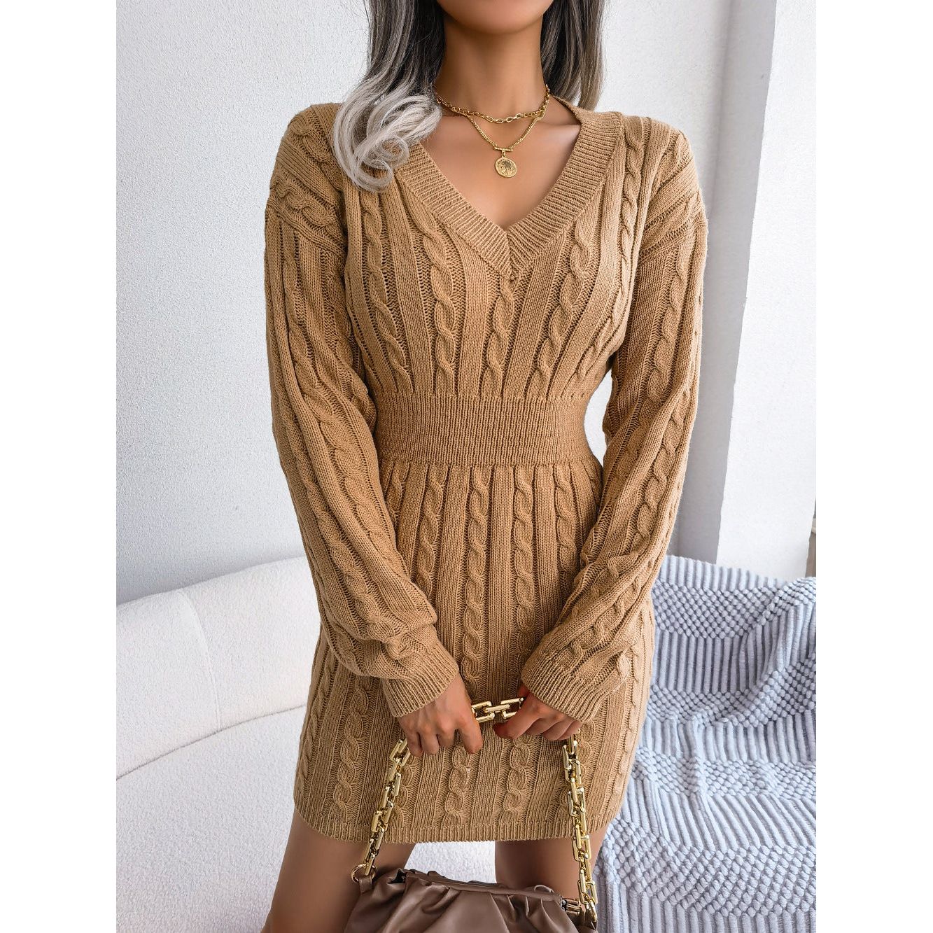 Cable-Knit V-Neck Mini Sweater Dress