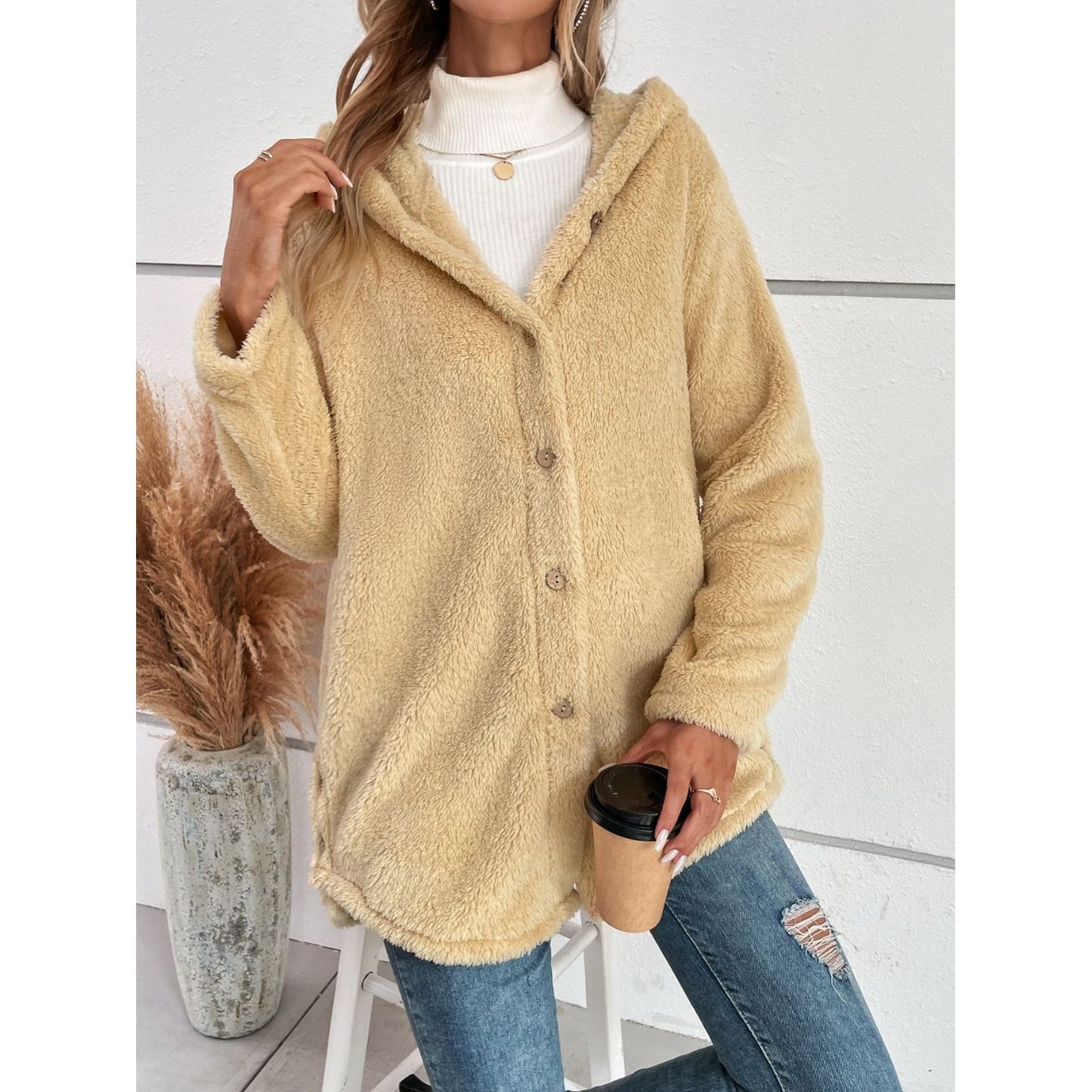 Fuzzy Button Up Hooded Jacket