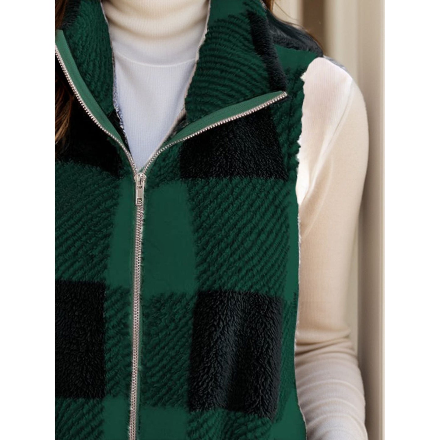 Full Size Pocketed Plaid Vest Coat