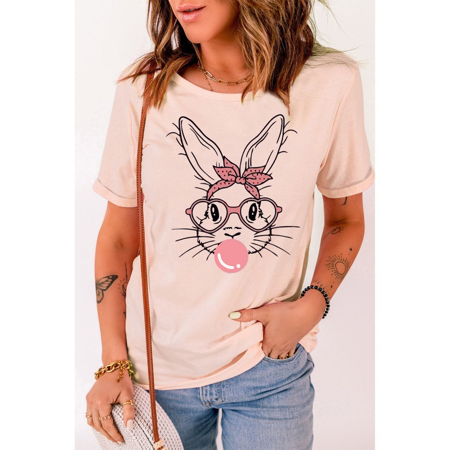 Rabbit Graphic Round Neck Short Sleeve T-Shirt