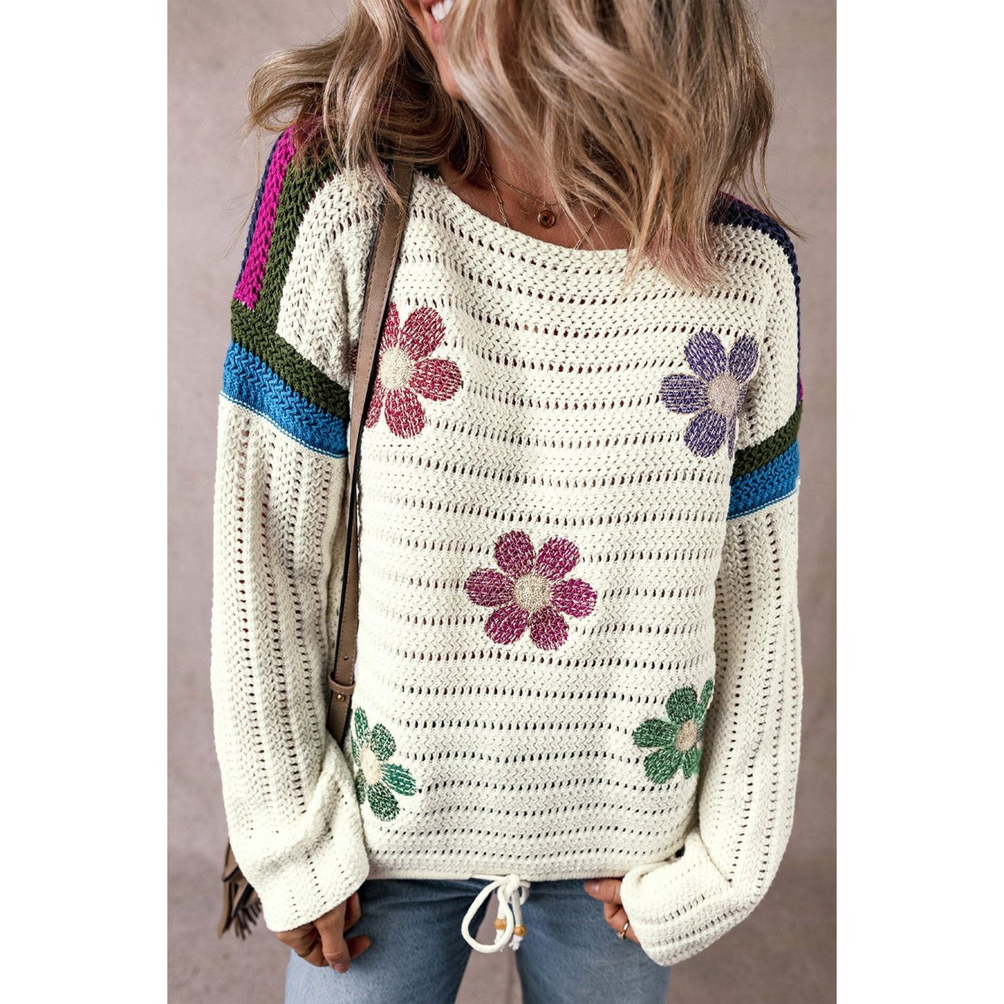 Flower Round Neck Long Sleeve Sweater