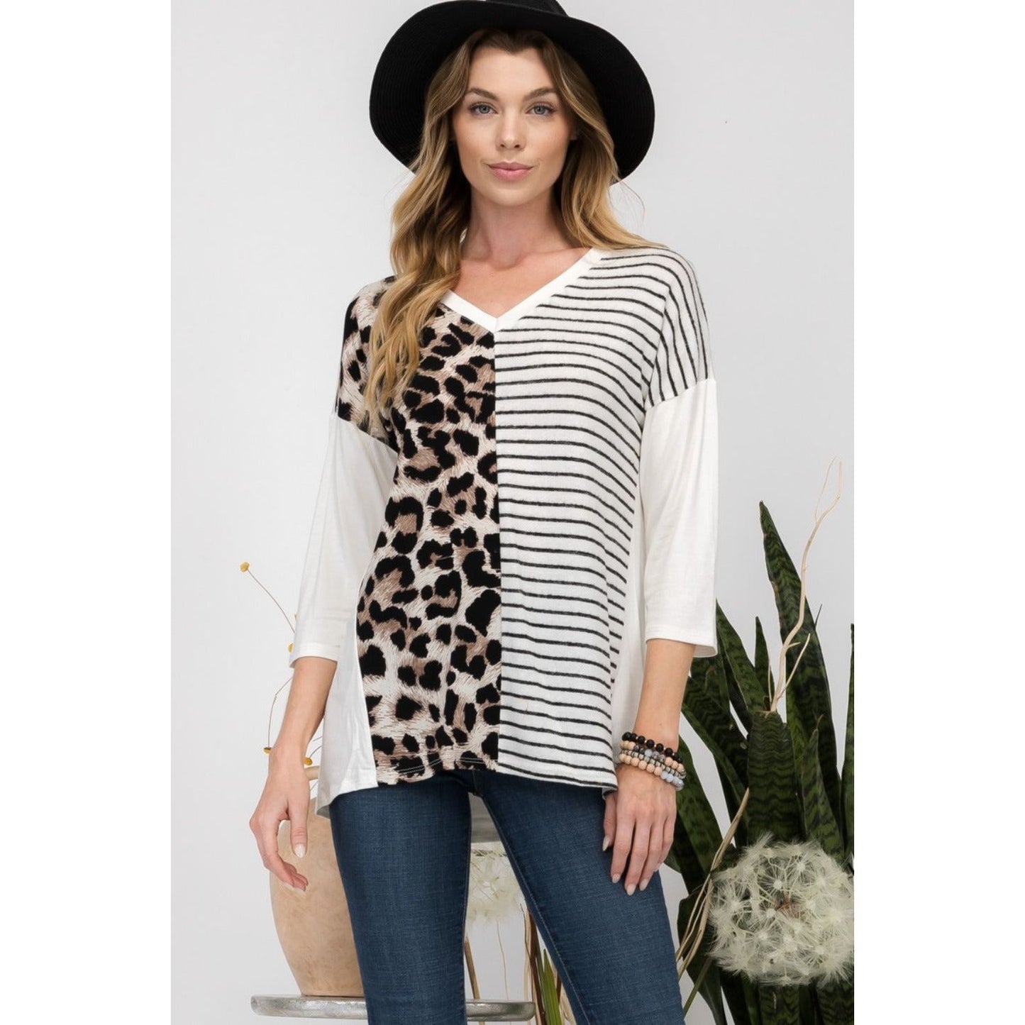 Celeste Full Size Front Leopard and Striped Print V-Neck T-Shirt