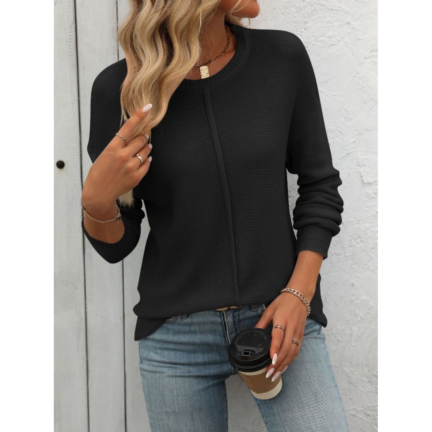 Mandy Round Neck Dropped Shoulder Knit Top