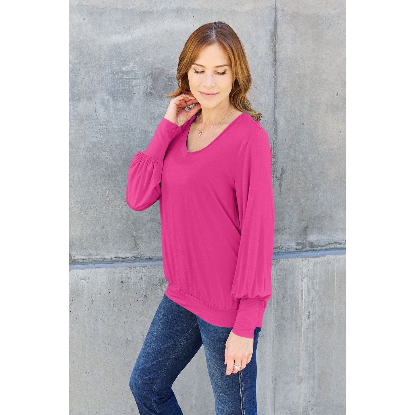 Basic Bae Full Size V-Neck Lantern Sleeve Top