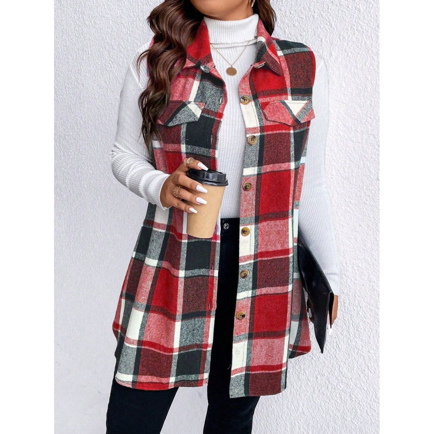 Honey Plus Size Pocketed Plaid Button Up Vest Coat