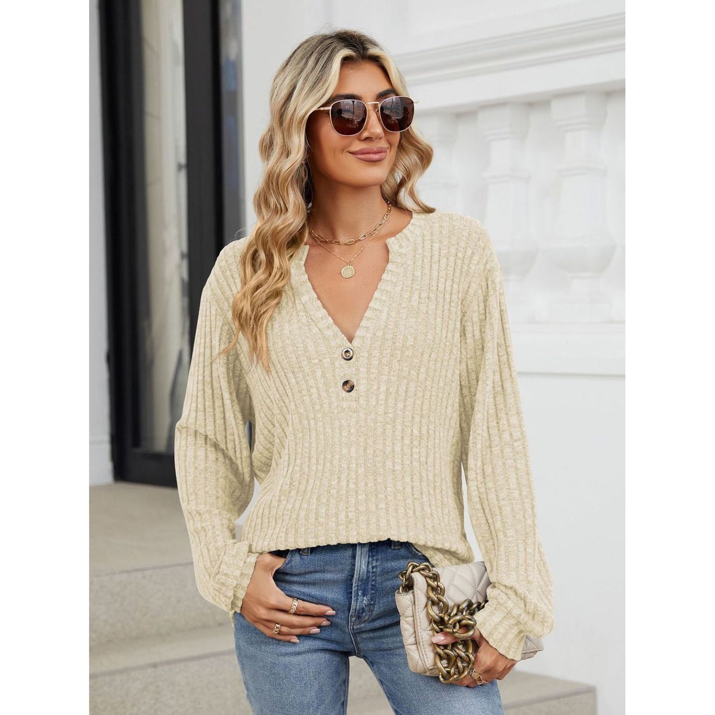 Ribbed Notched Long Sleeve T-Shirt