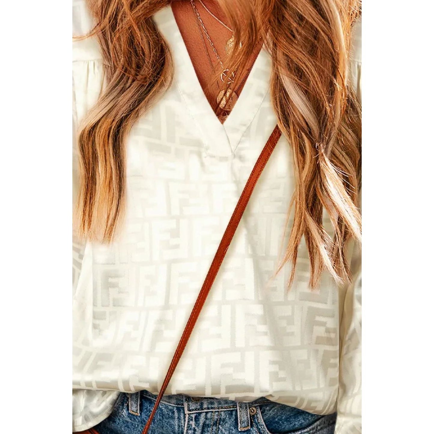 Geometric V-Neck Long Sleeve Blouse