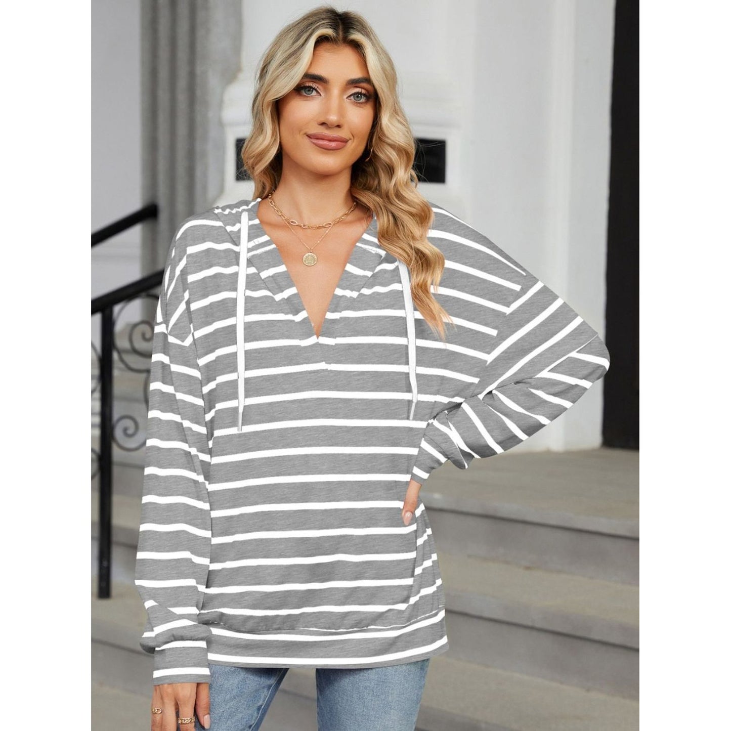 Drawstring Striped Long Sleeve Hoodie