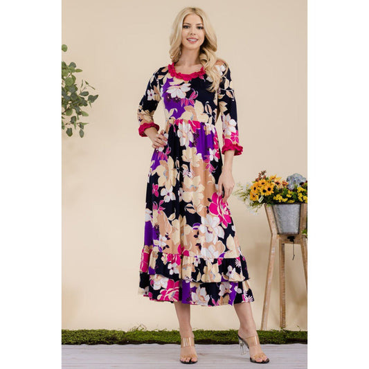 Celeste Full Size Floral Ruffled Midi Dress