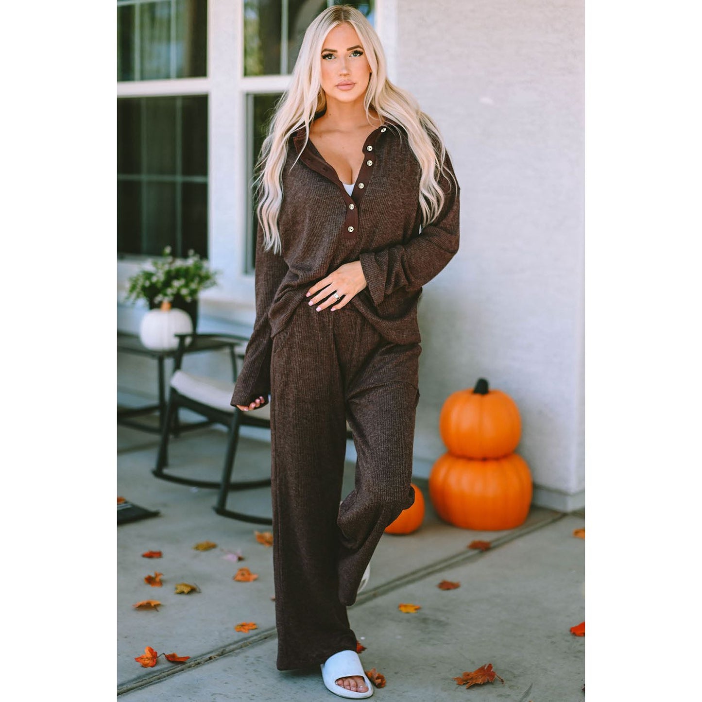 Buttoned Long Sleeve Top and Long Pants Lounge Set