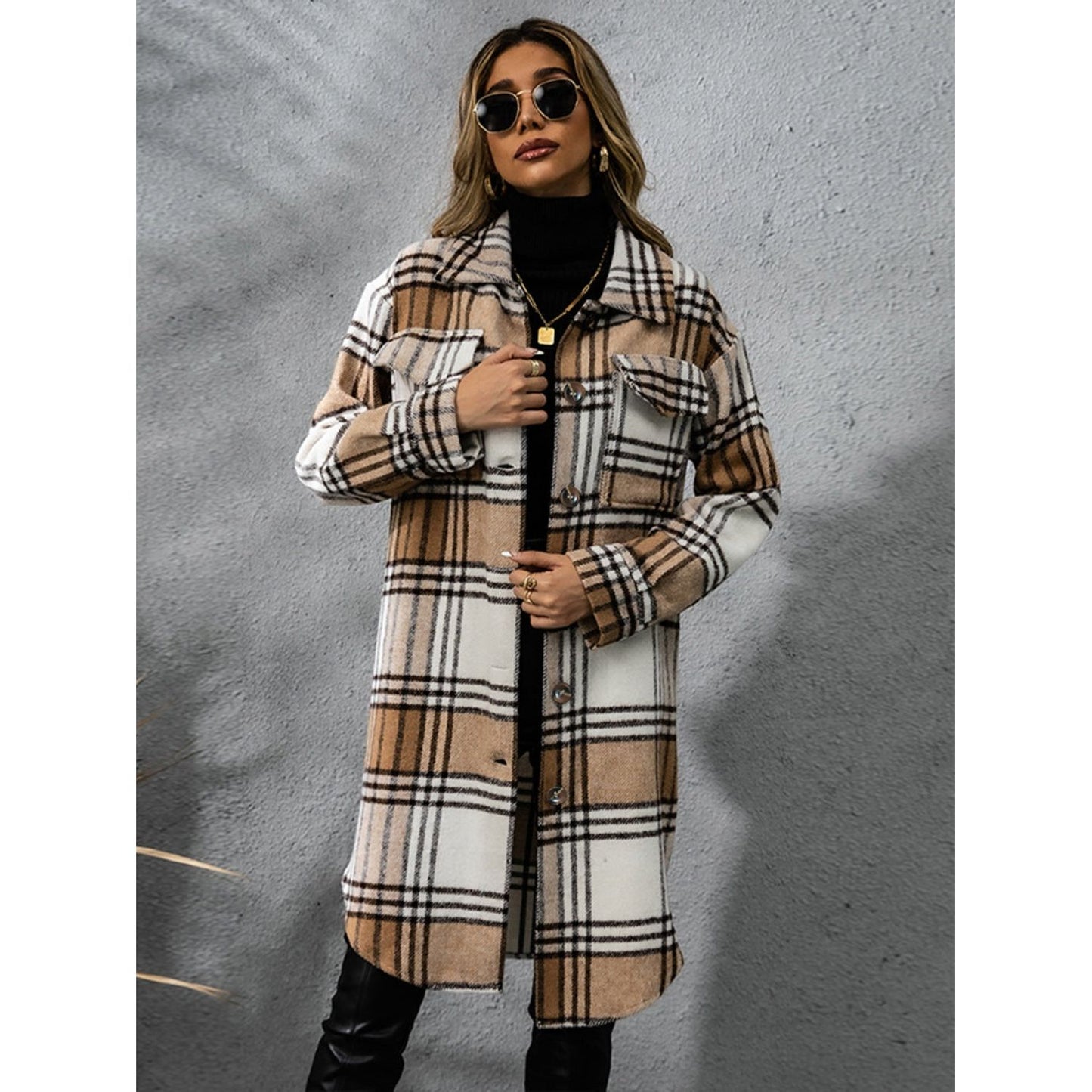 Plaid Collared Neck Long Sleeve Coat