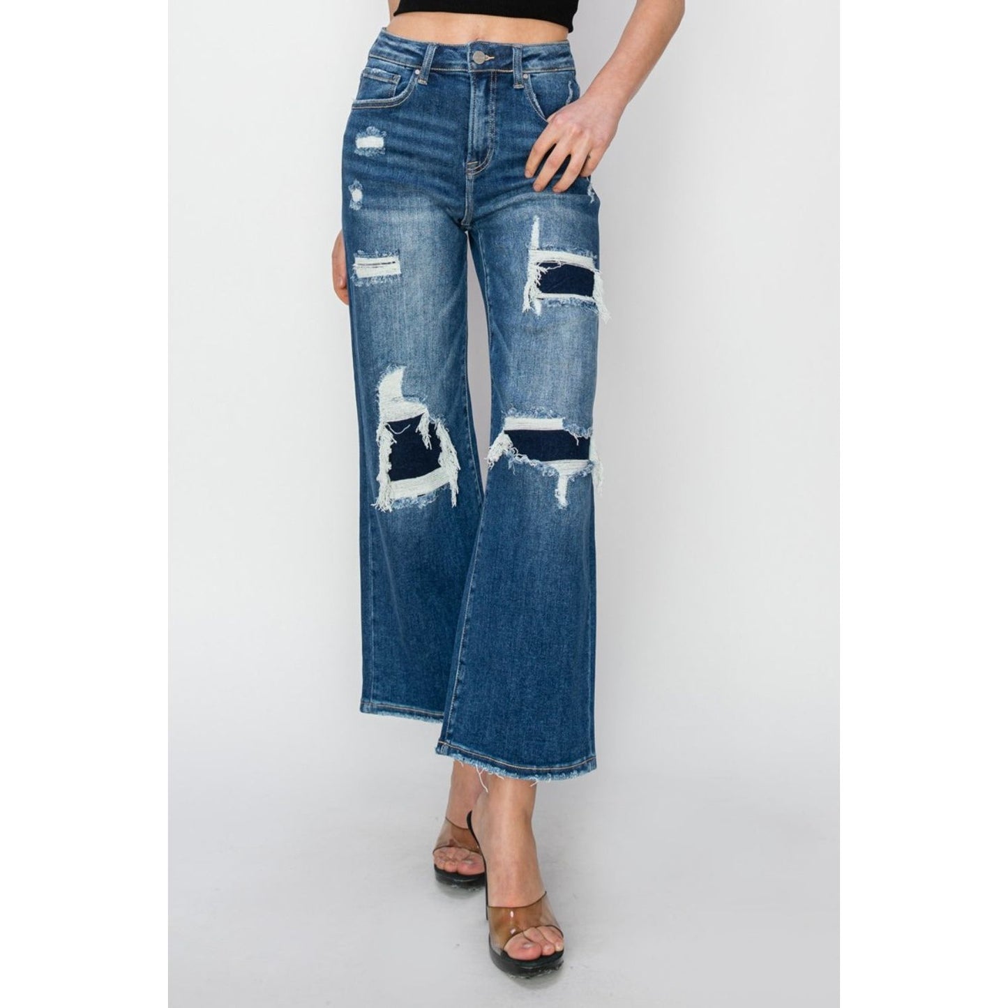 Risen Full Size High Rise Patch Detailed Wide Leg Crop Jeans