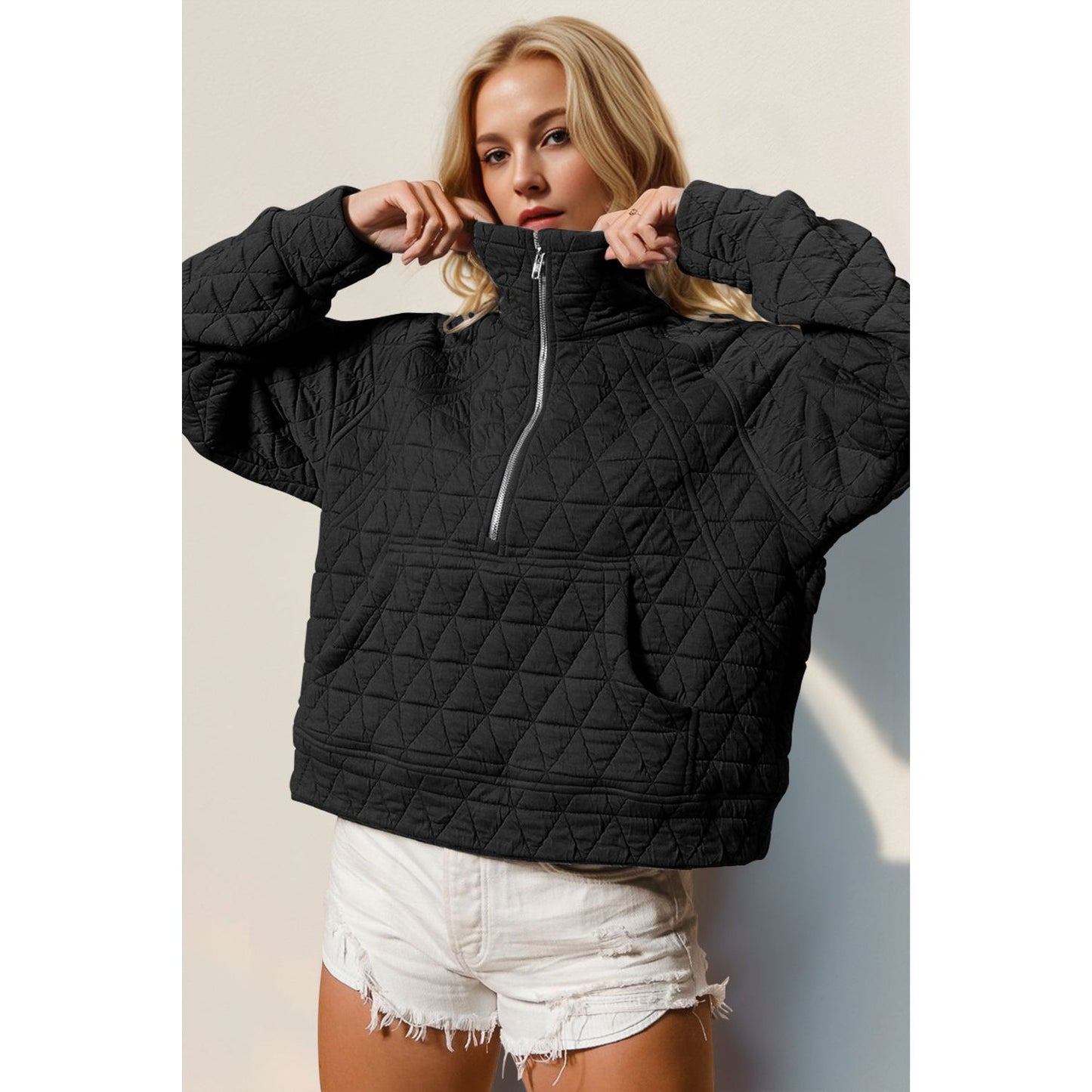 Double Take Half Zip Long Sleeve Quilted Sweatshirt with Pocket