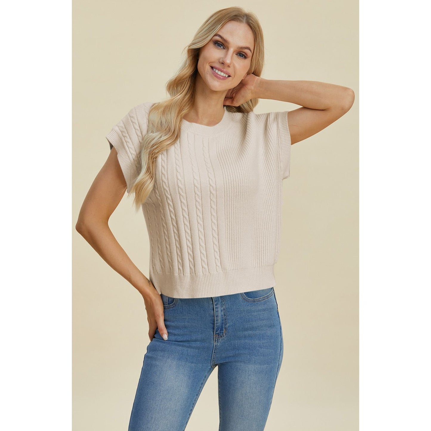 Double Take Full Size Cable-Knit Round Neck Short Sleeve Sweater