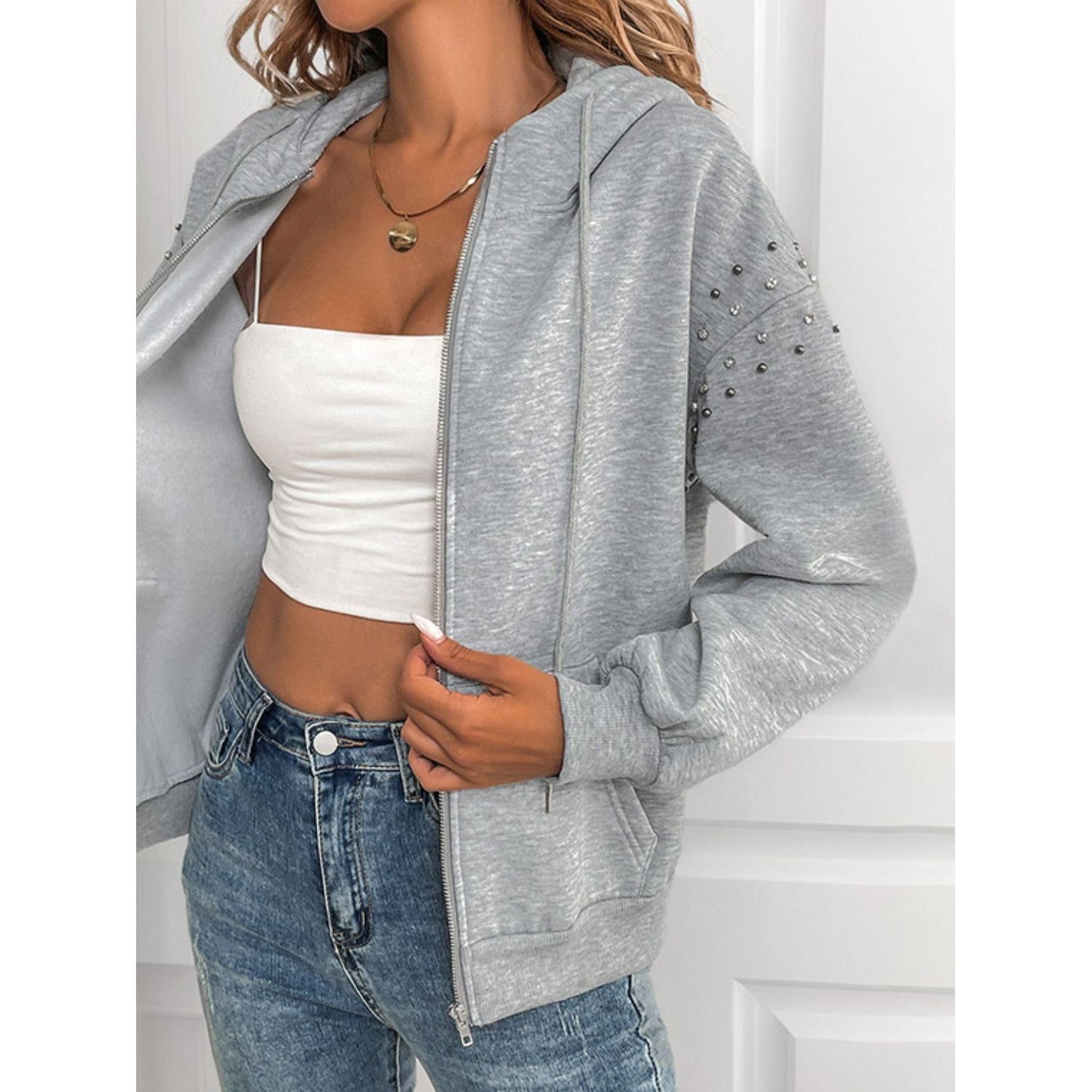 Perfee Rhinestone Zip Up Long Sleeve Hoodie