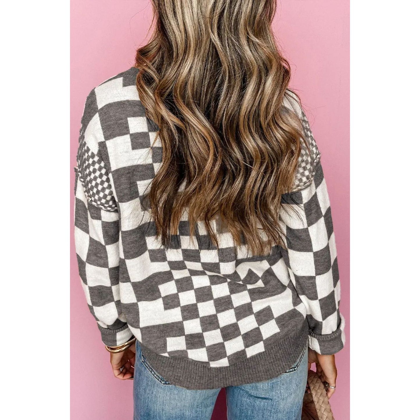 Checkered Round Neck Long Sleeve Sweater