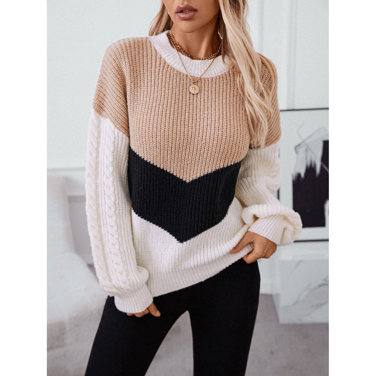 Contrast Round Neck Long Sleeve Sweater