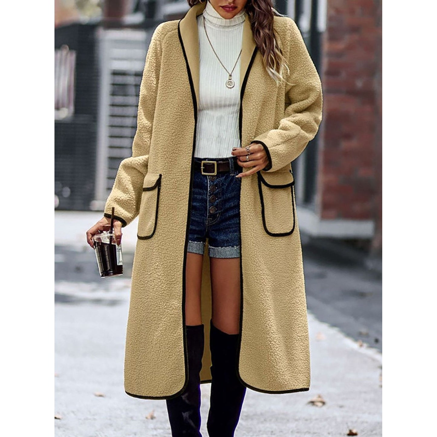 Full Size Contrast Trim Long Sleeve Coat with Pockets