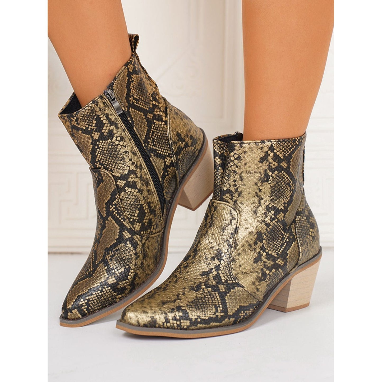 PU Leather Snakeskin Print Block Heel Boots