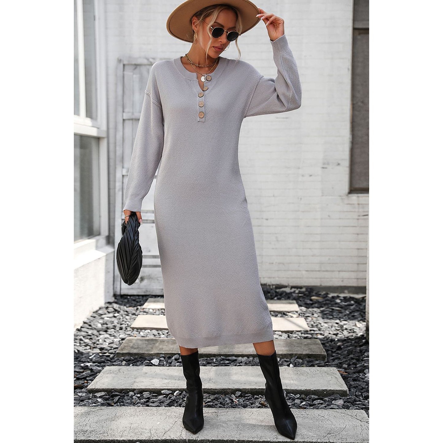 Decorative Button Notched Dropped Shoulder Sweater Dress