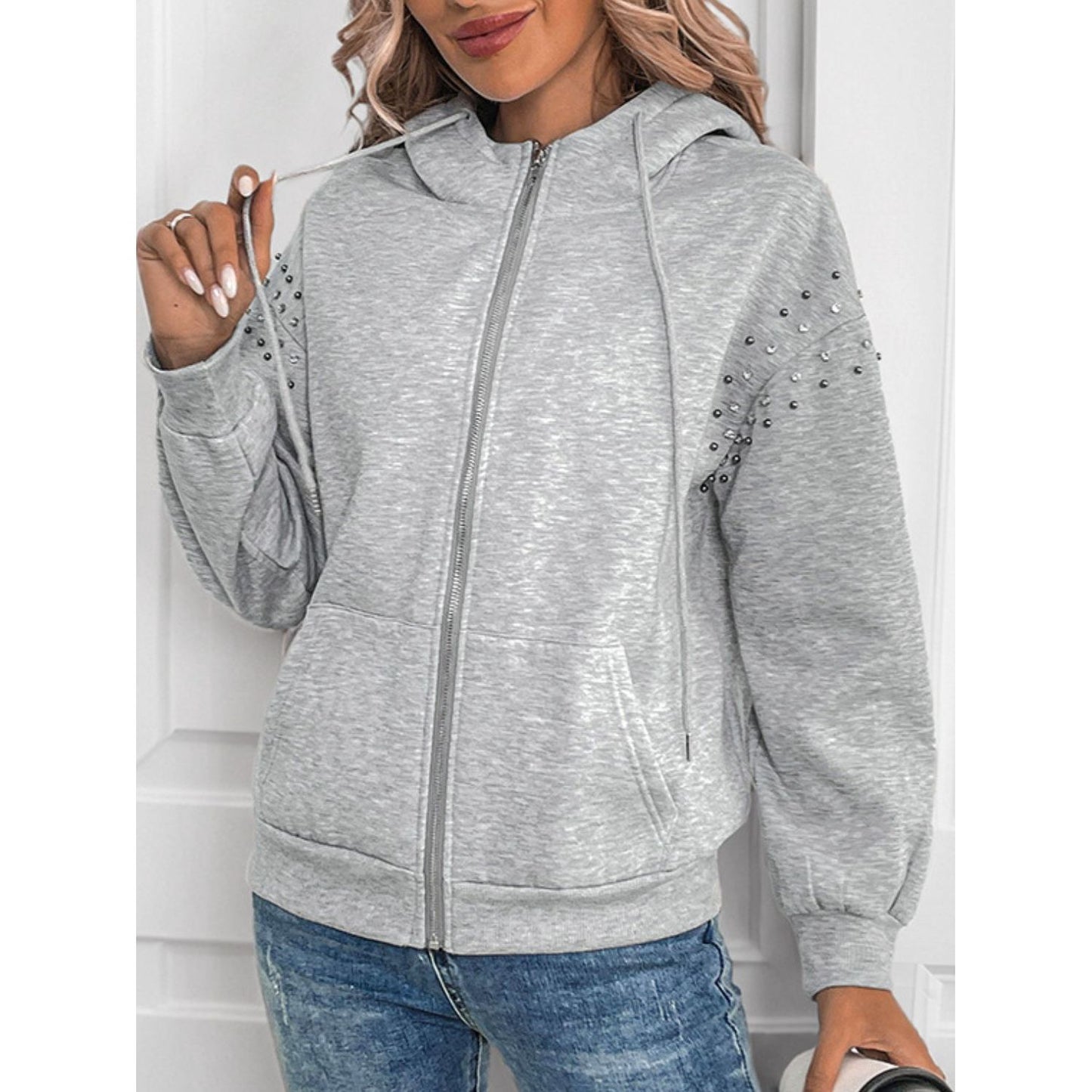 Perfee Rhinestone Zip Up Long Sleeve Hoodie