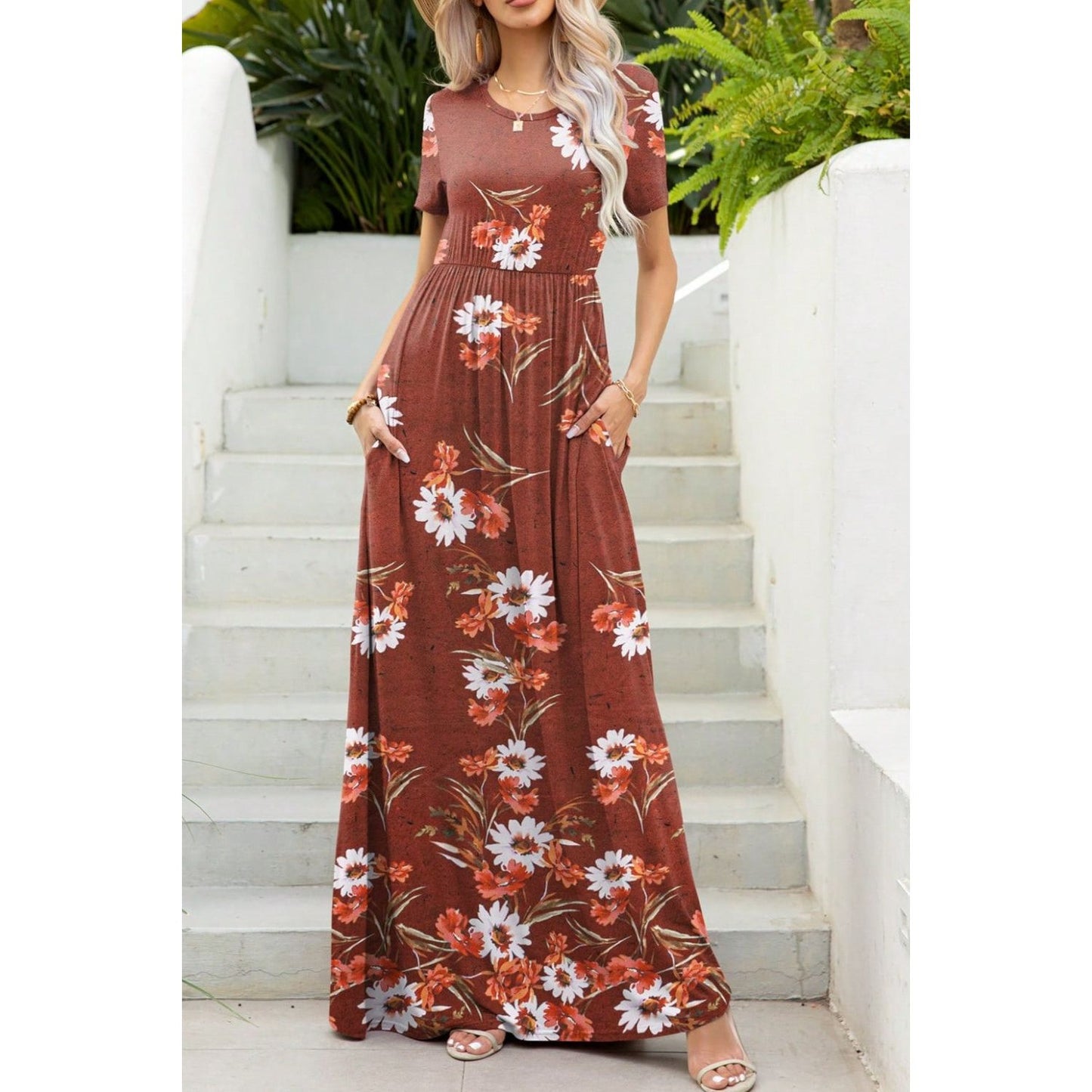 Printed Round Neck Short Sleeve Maxi Dress