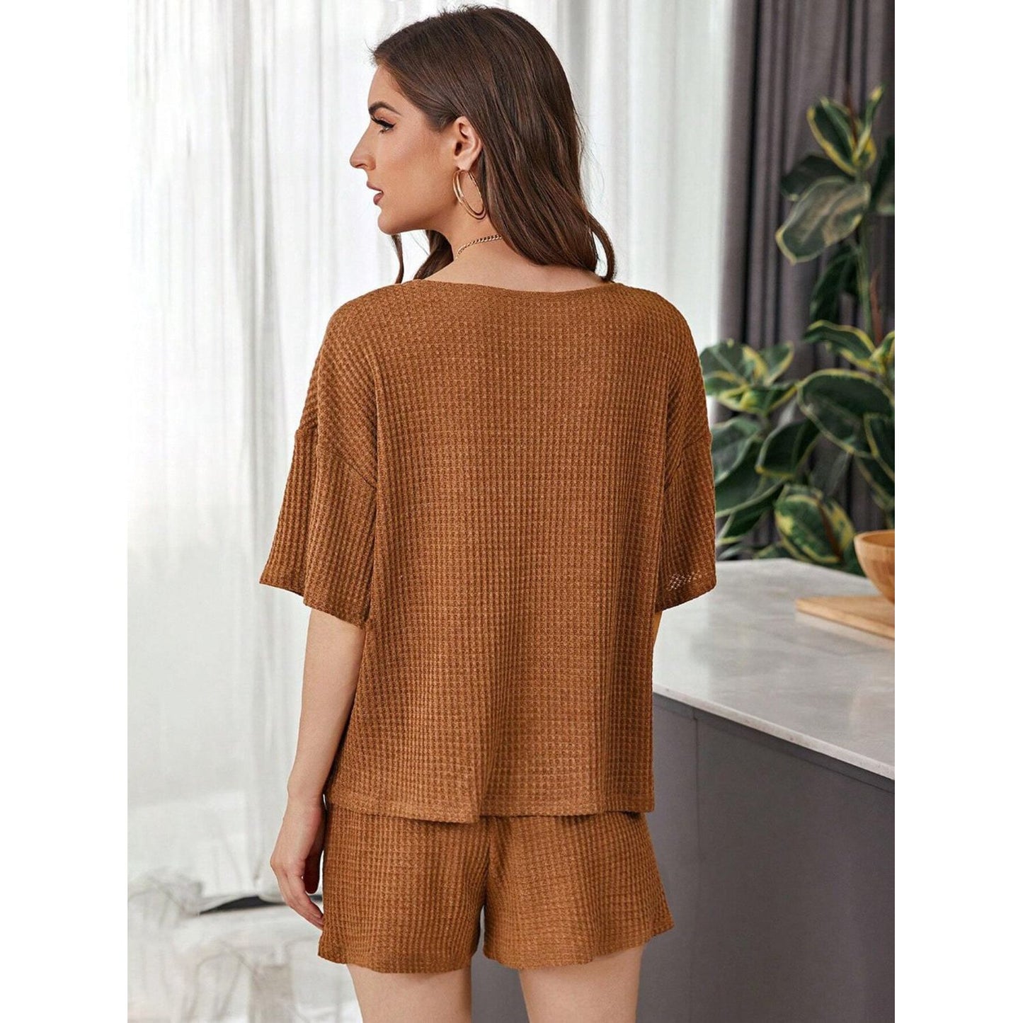 Full Size Waffle-Knit Dropped Shoulder Top and Shorts Set