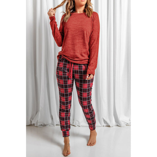 Round Neck Top and Drawstring Plaid Pants Lounge Set