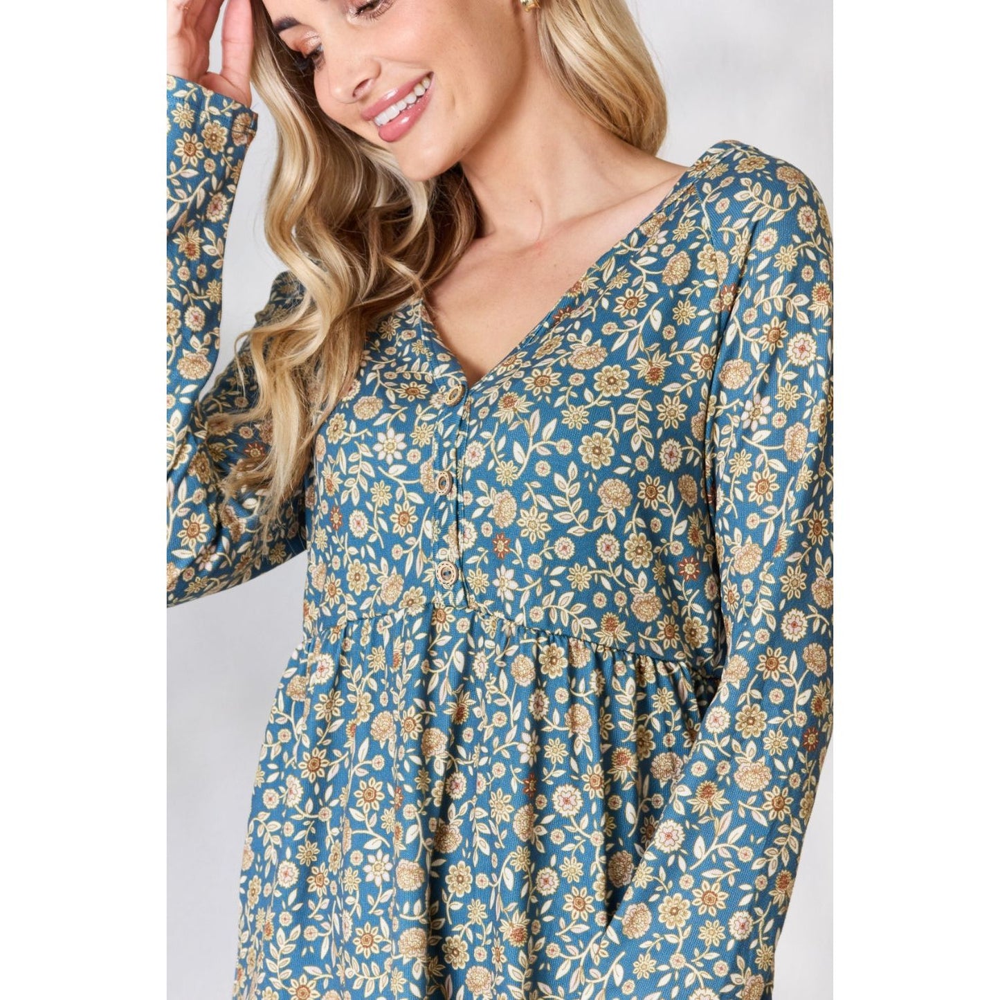 Heimish Full Size Floral Half Button Long Sleeve Blouse