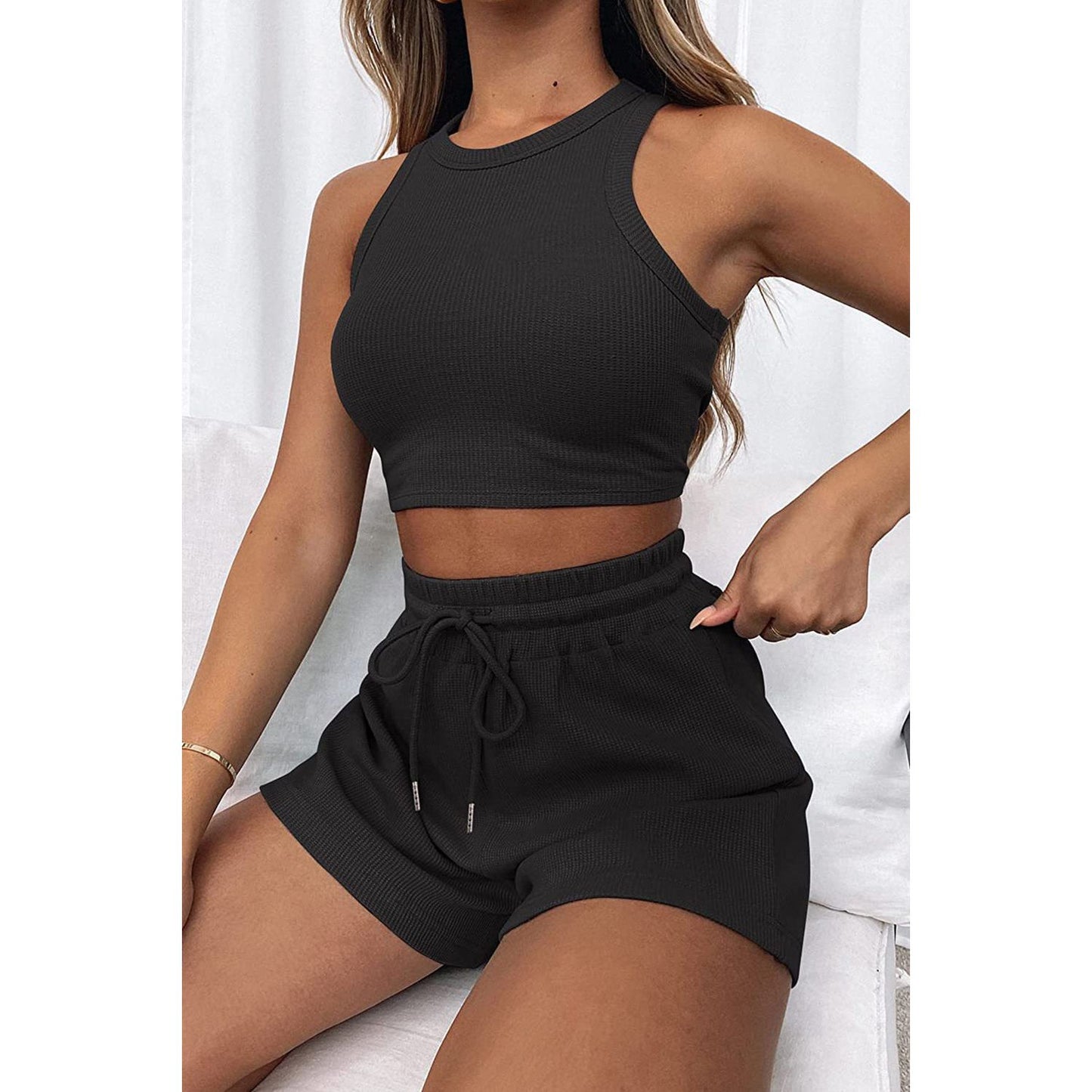 Round Neck Top and Drawstring Shorts Set