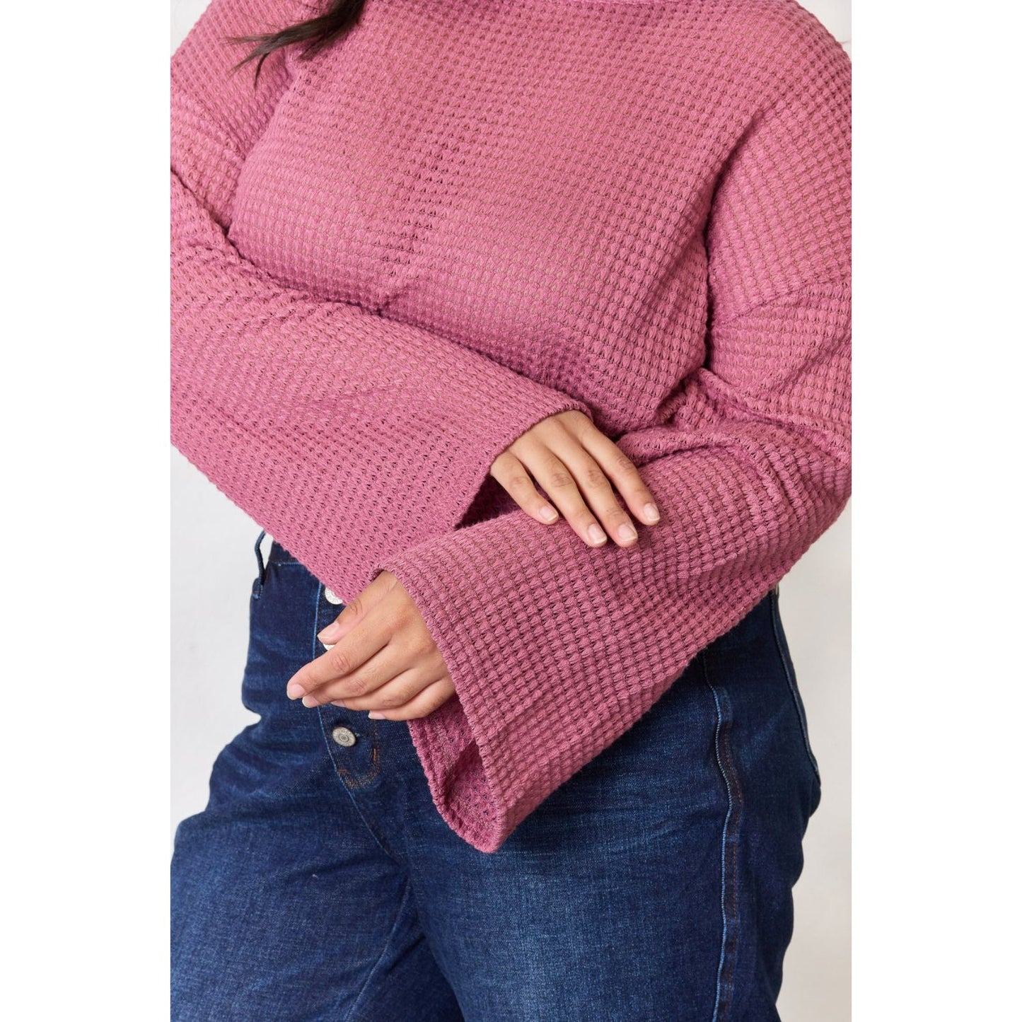 Culture Code Full Size Waffle-Knit Round Neck Long Sleeve Blouse