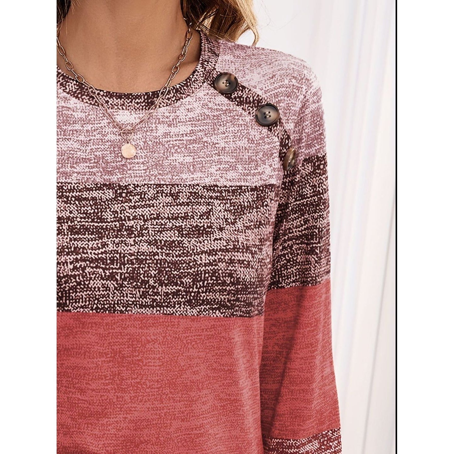 Decorative Button Contrast Round Neck Long Sleeve T-Shirt