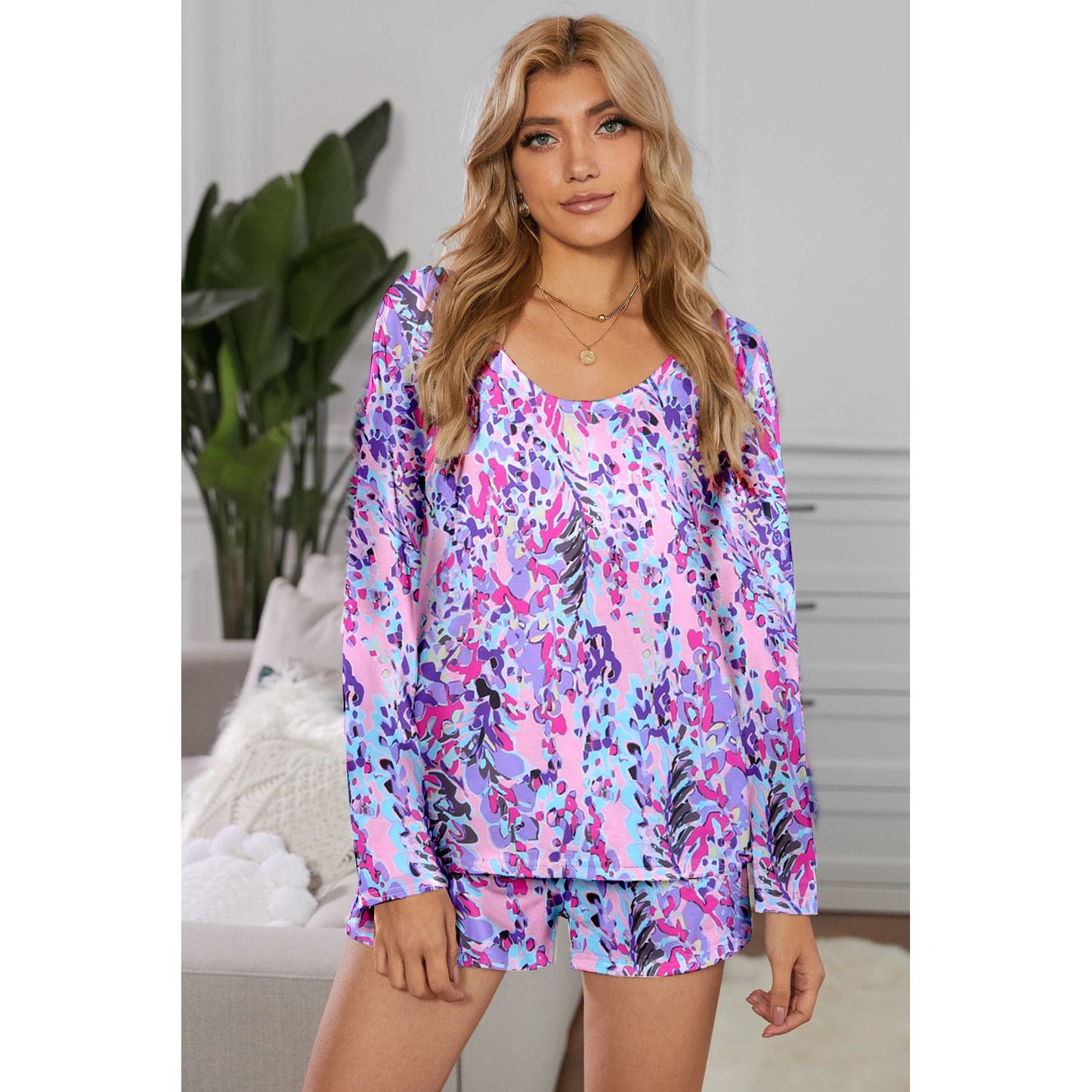 Round Neck Printed Top and Shorts Lounge Set