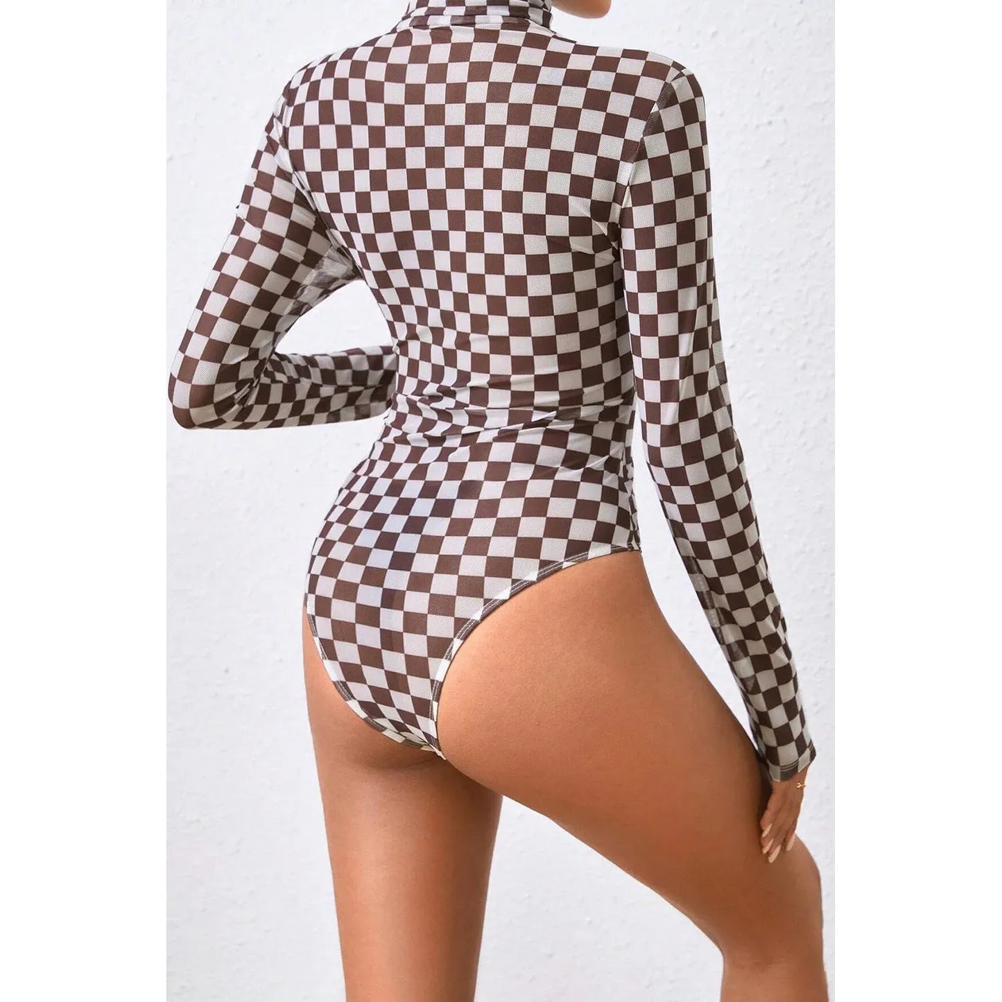 Checkered Turtleneck Long Sleeve Bodysuit