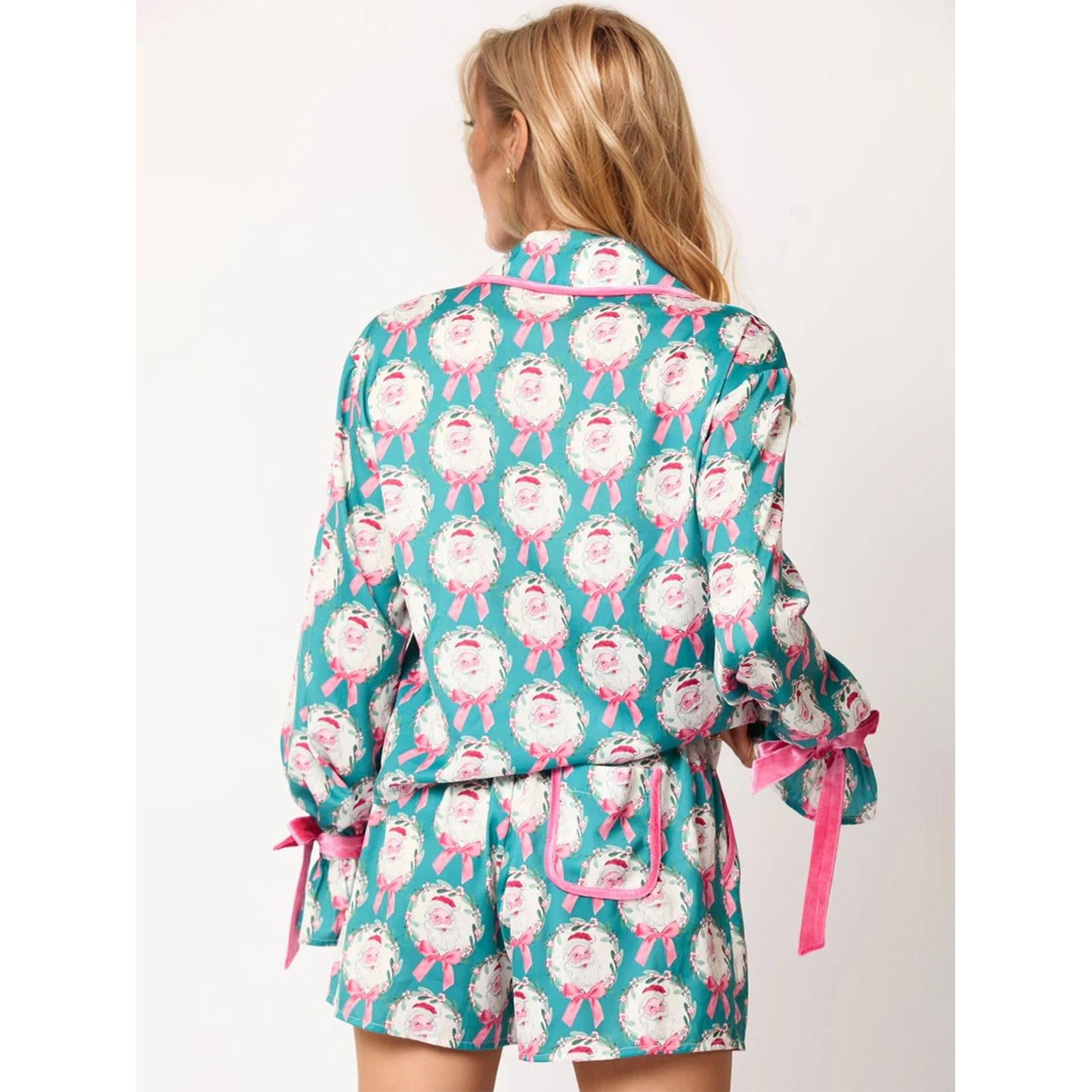 Tied Printed Collared Neck Long Sleeve Top and Shorts Set