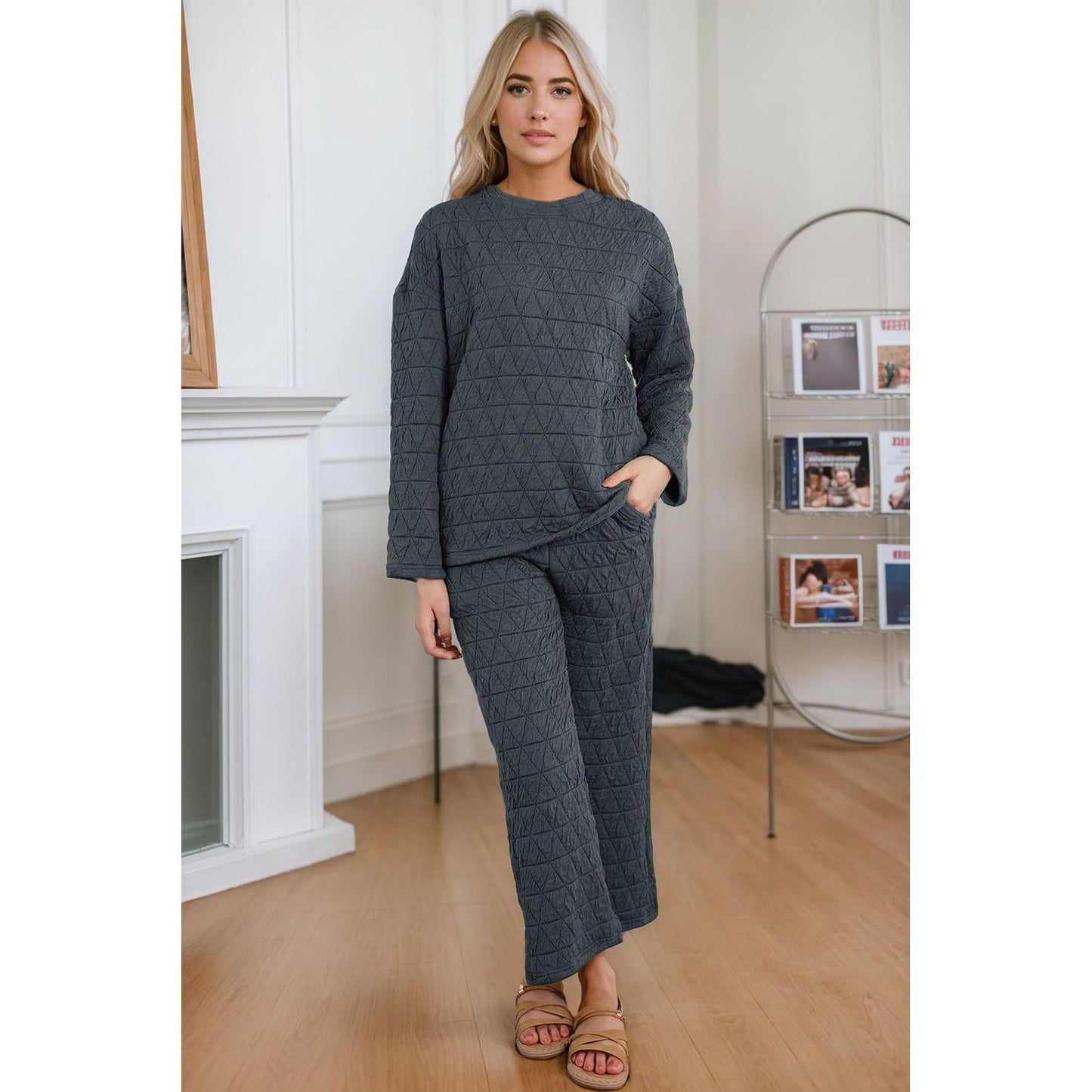 Round Neck Top and Pocketed  Pants Lounge Set