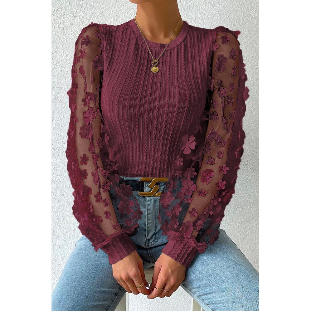 Double Take Textured Applique Long Sleeve Blouse