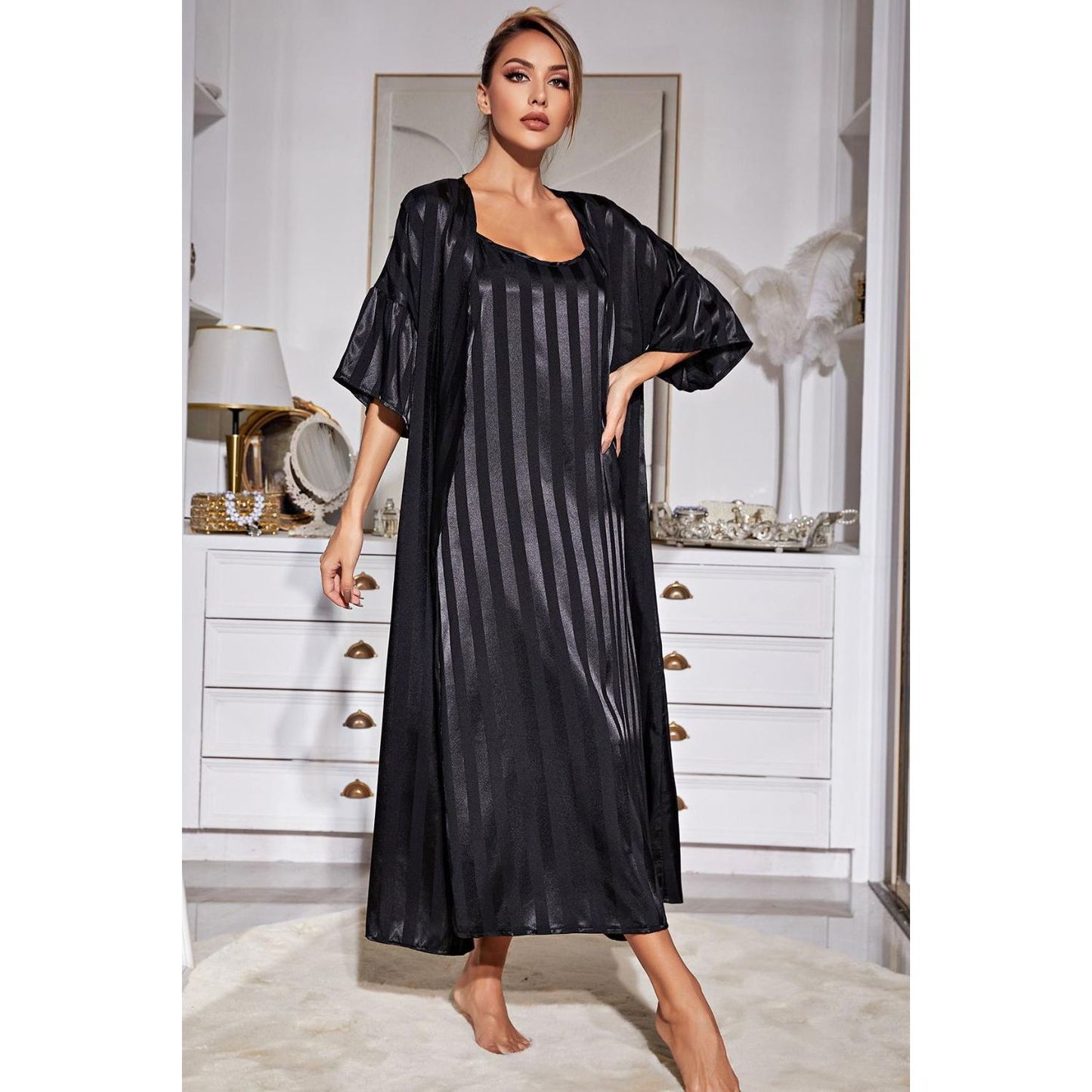 Striped Flounce Sleeve Open Front Robe and Cami Dress Set