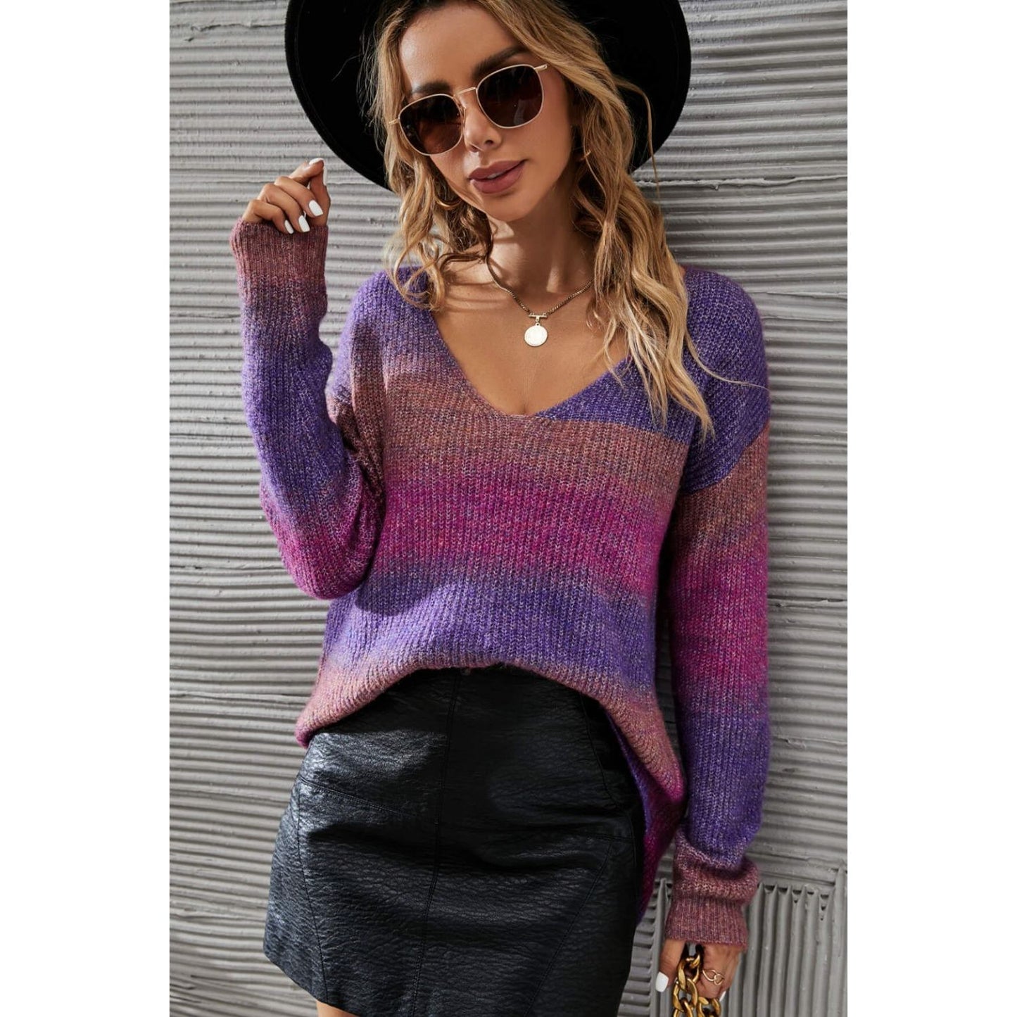 Angel Wings Multicolored Rib-Knit V-Neck Knit Pullover