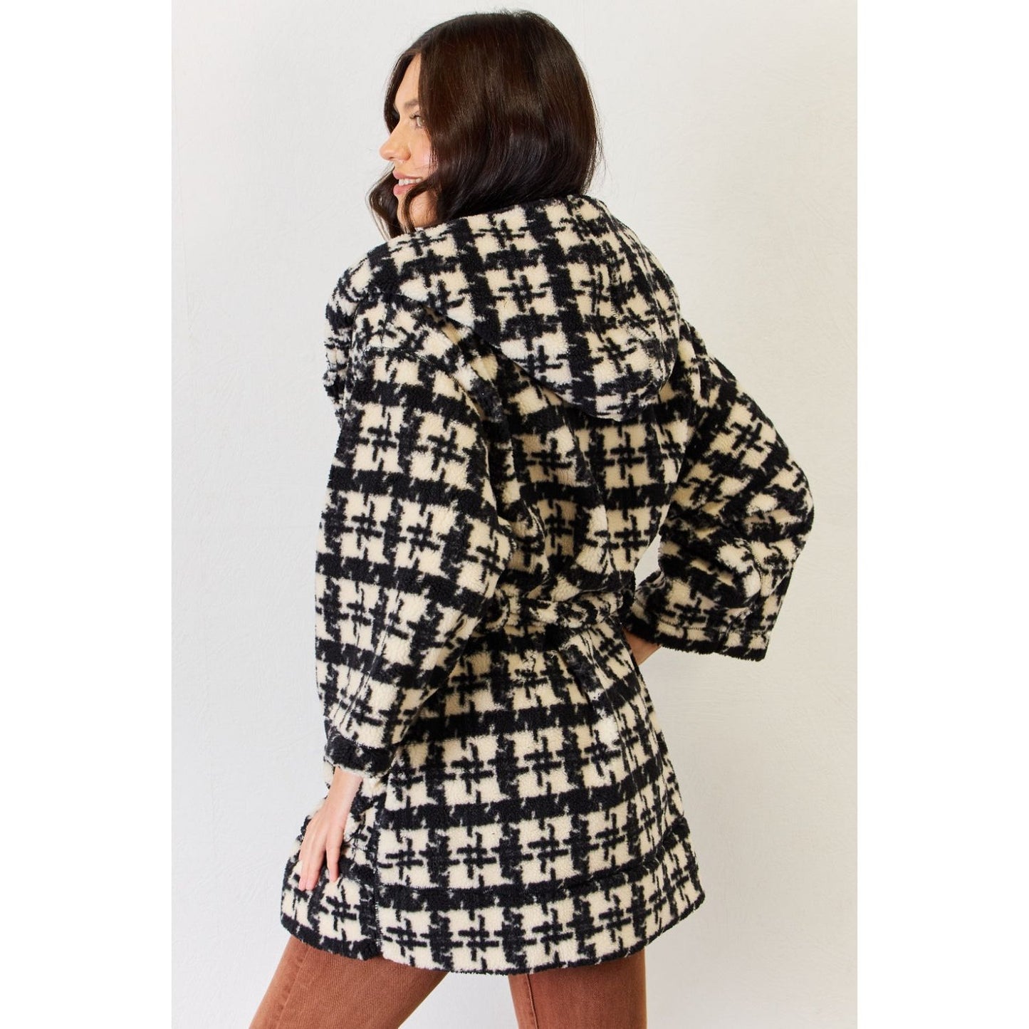 J.NNA Fuzzy Plaid Waist Tie Hooded Robe Cardigan