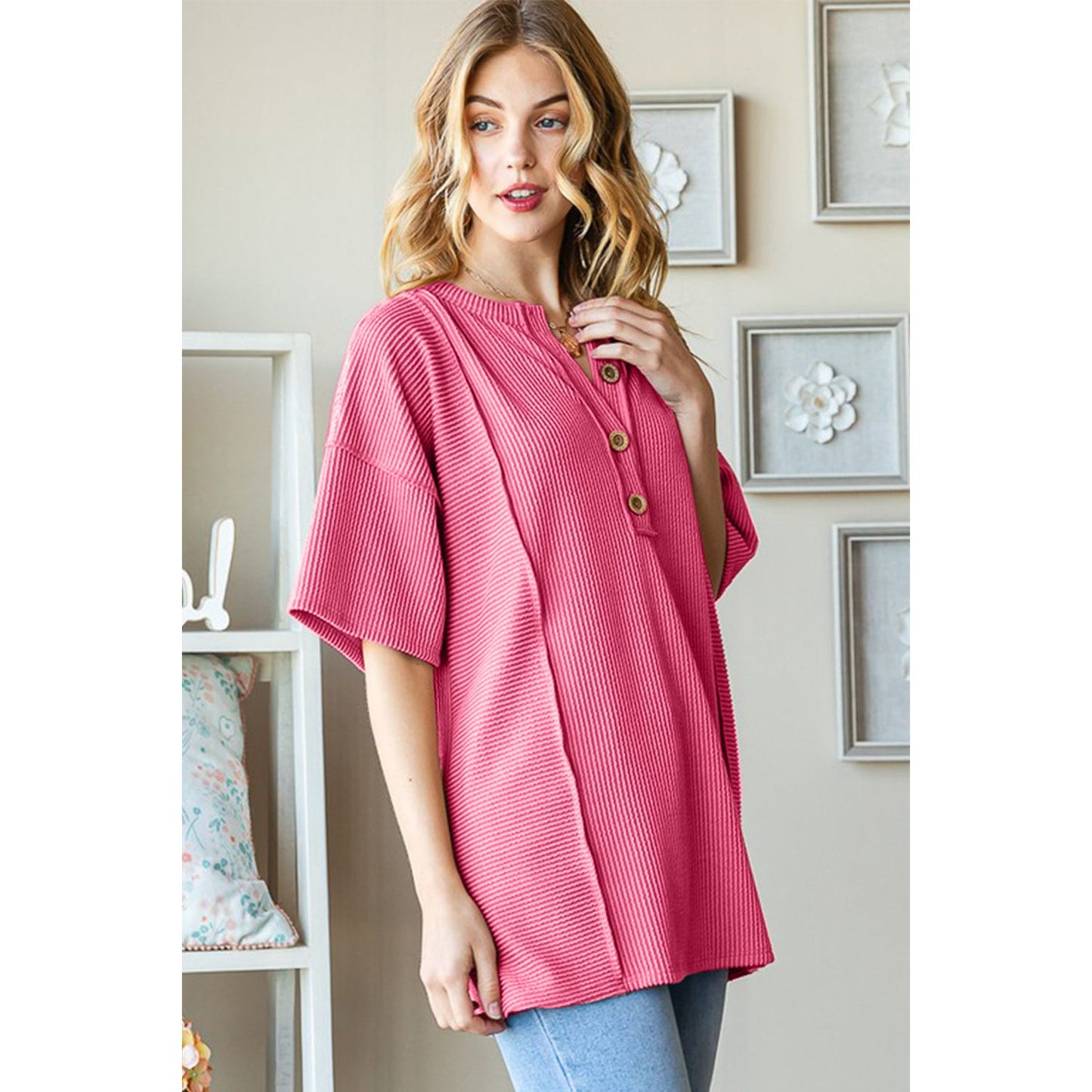 Heimish Full Size Ribbed Half Button Drop Shoulder Top