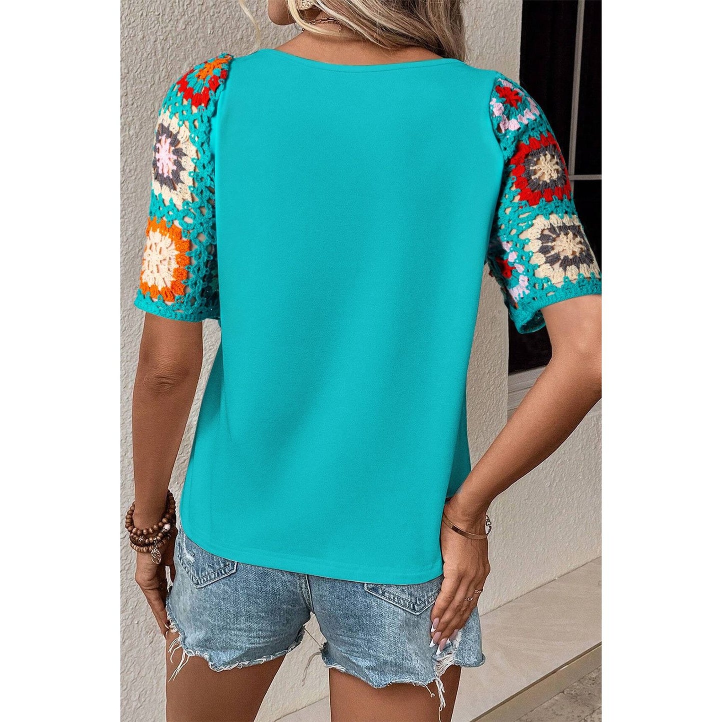 Geometric Round Neck Short Sleeve Blouse