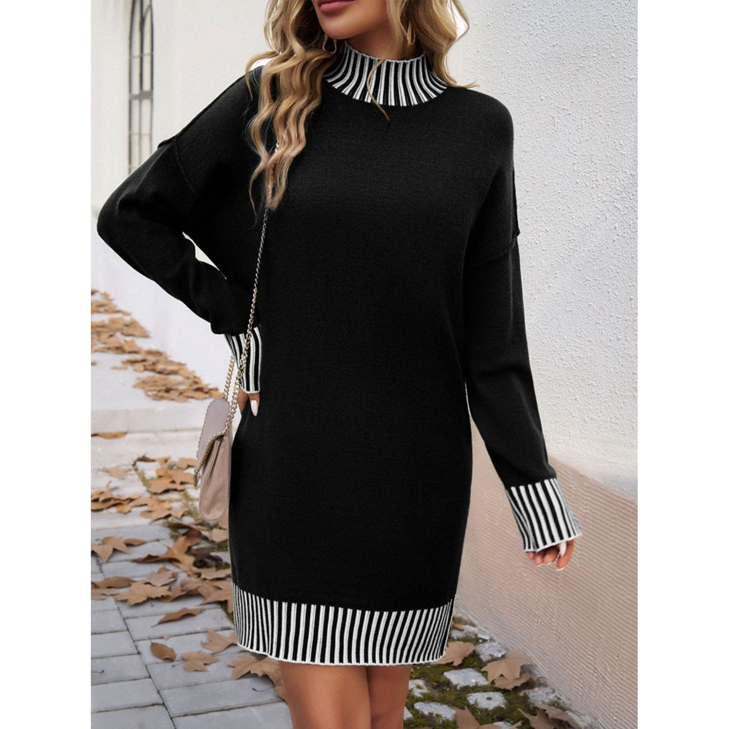 Devine Striped Mock Neck Long Sleeve Sweater Dress