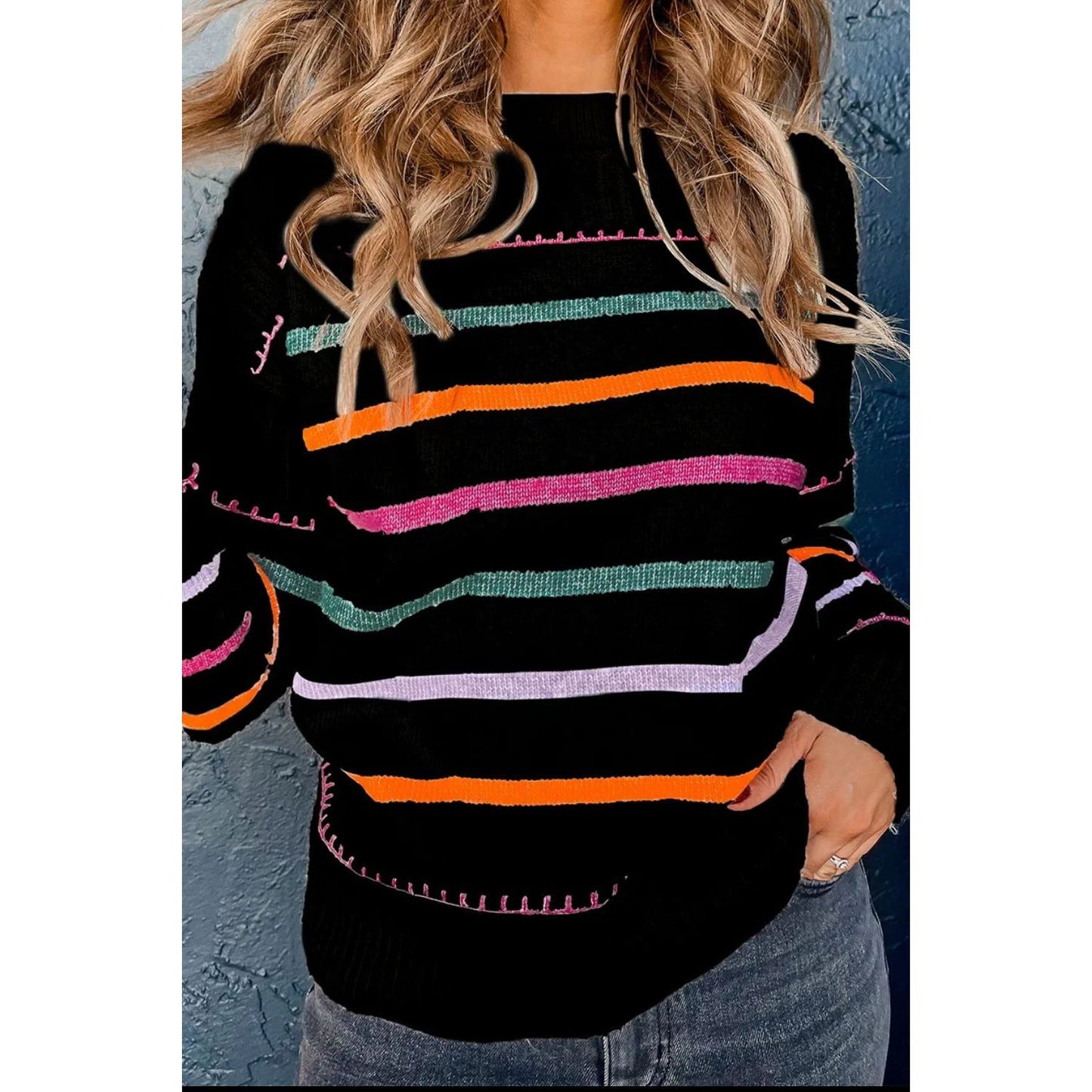 Striped Round Neck Dropped Shoulder Sweater