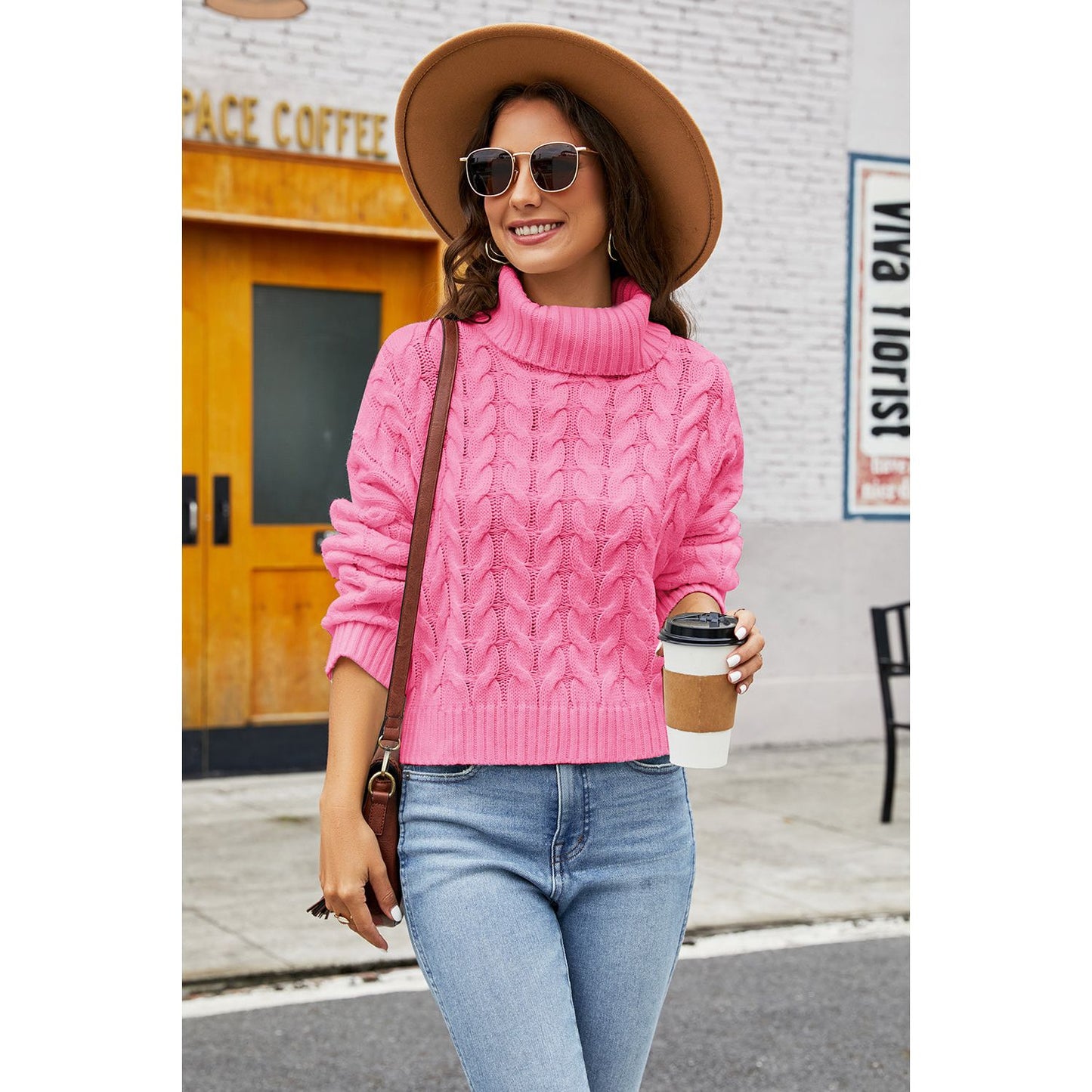 Turtleneck Cable-Knit  Long Sleeve Sweater