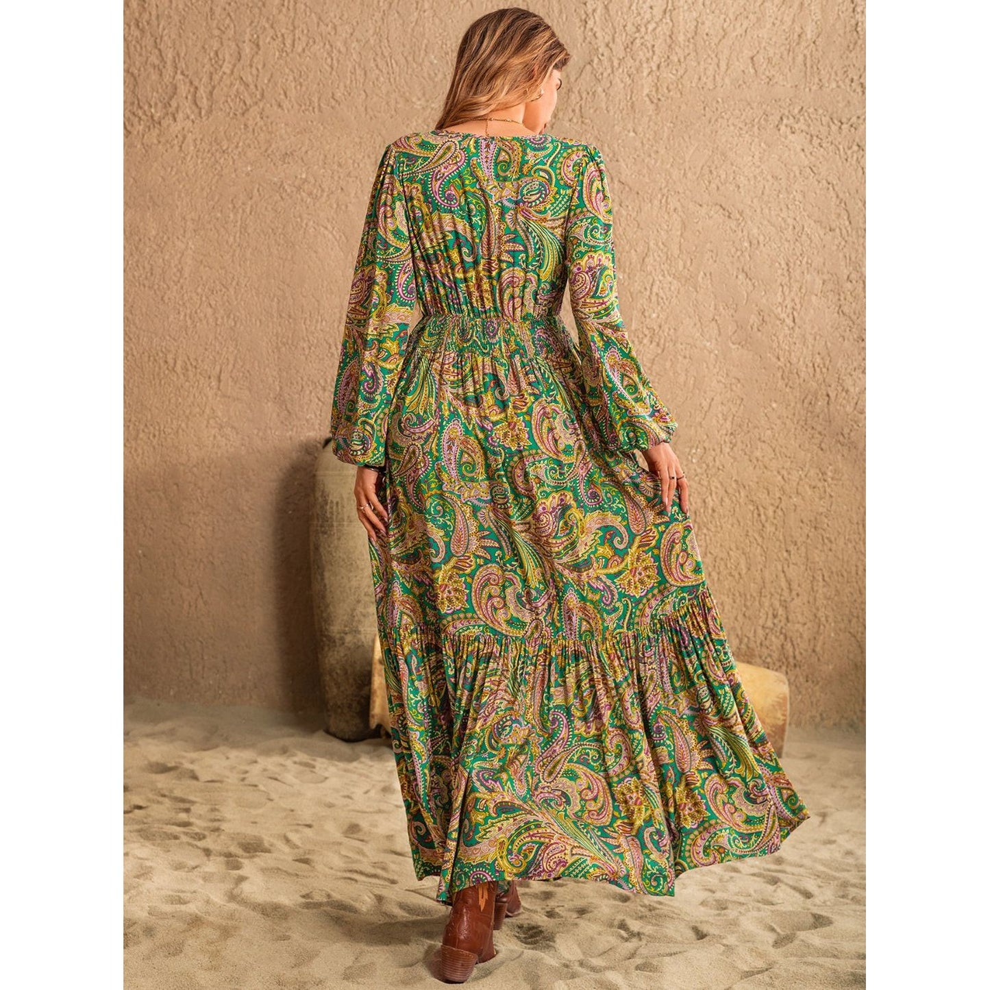 Printed Tie Neck Long Sleeve Dress