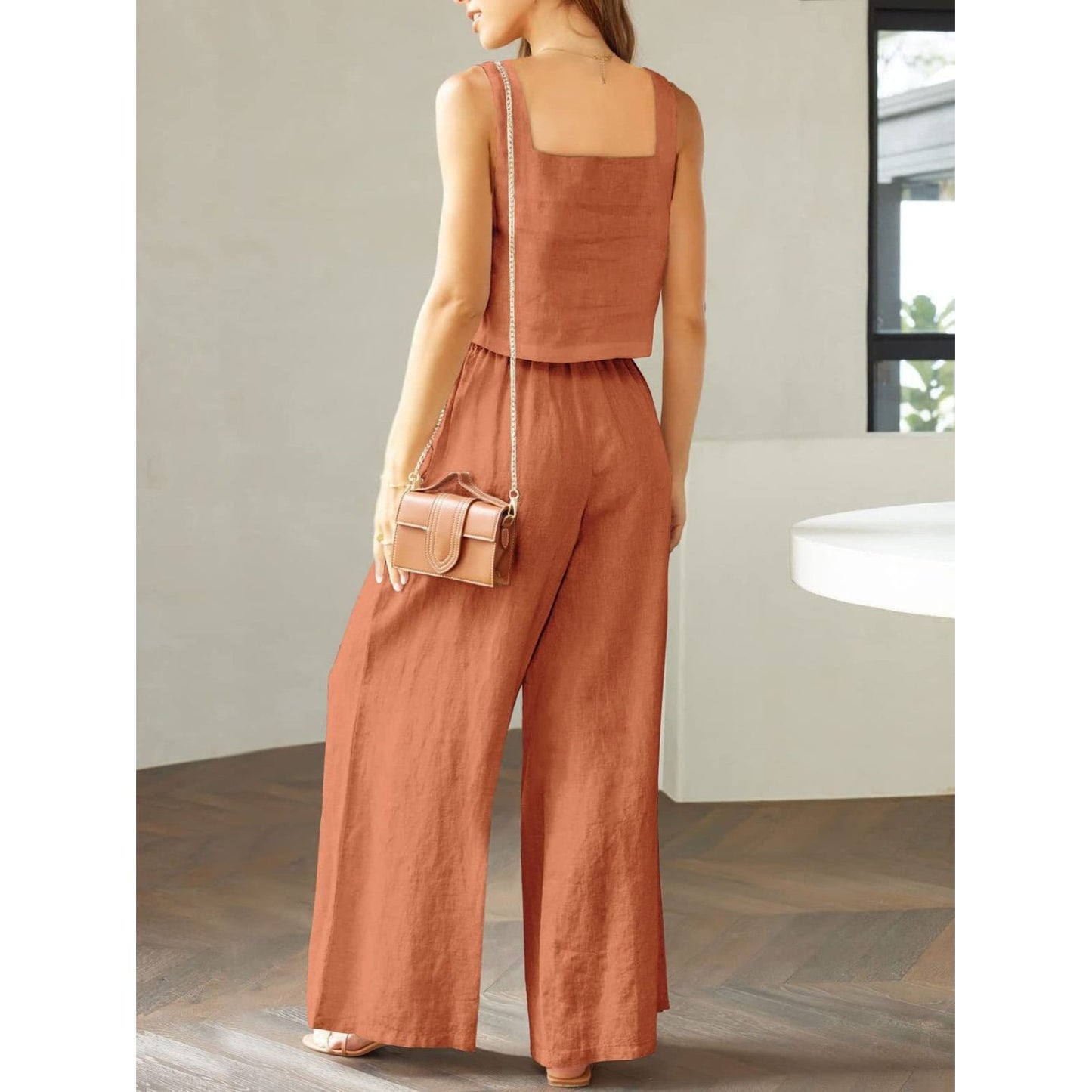 Square Neck Top and Wide Leg Pants Set