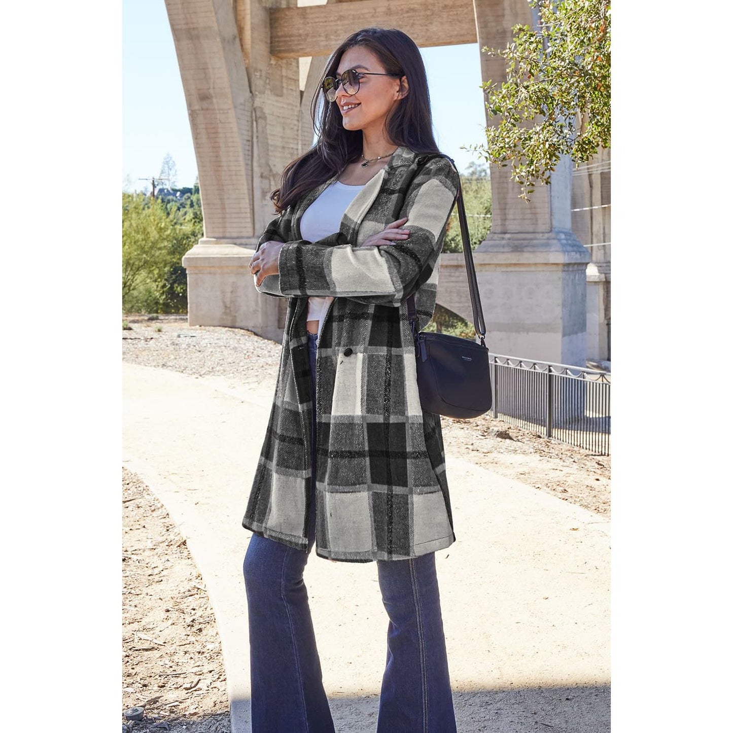 Double Take Full Size Plaid Button Up Lapel Collar Coat