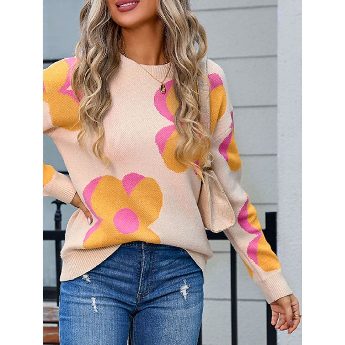 Angel Wings Flower Round Neck Long Sleeve Sweater