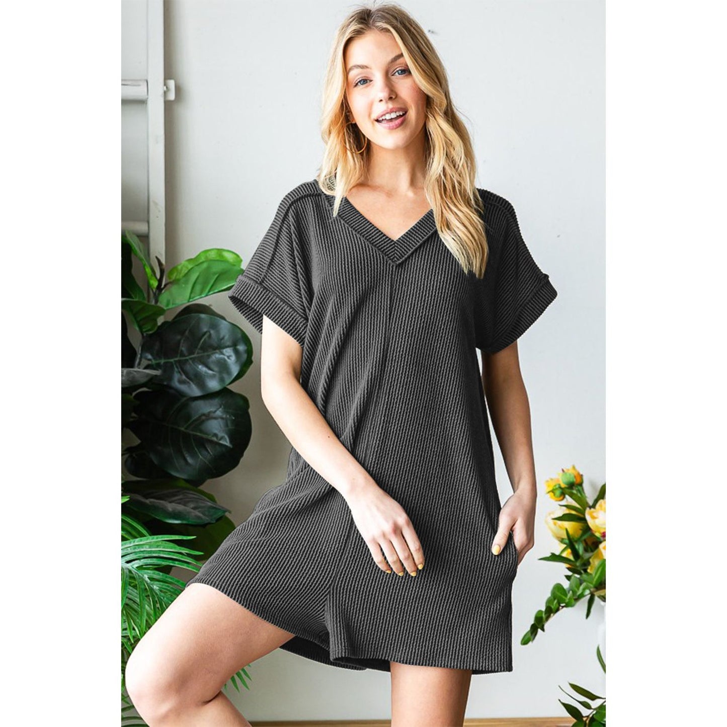 Heimish Full Size Short Sleeve Ribbed Romper with Pockets